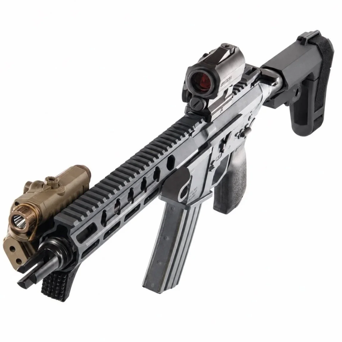 A modern pistol with a mounted red dot sight and a tan suppressor on the barrel.
