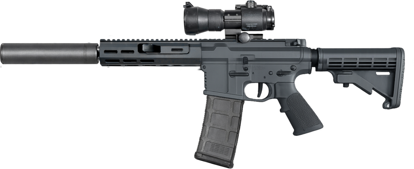 A black semi-automatic rifle with a scope, silencer, adjustable stock, pistol grip, and attached magazine.