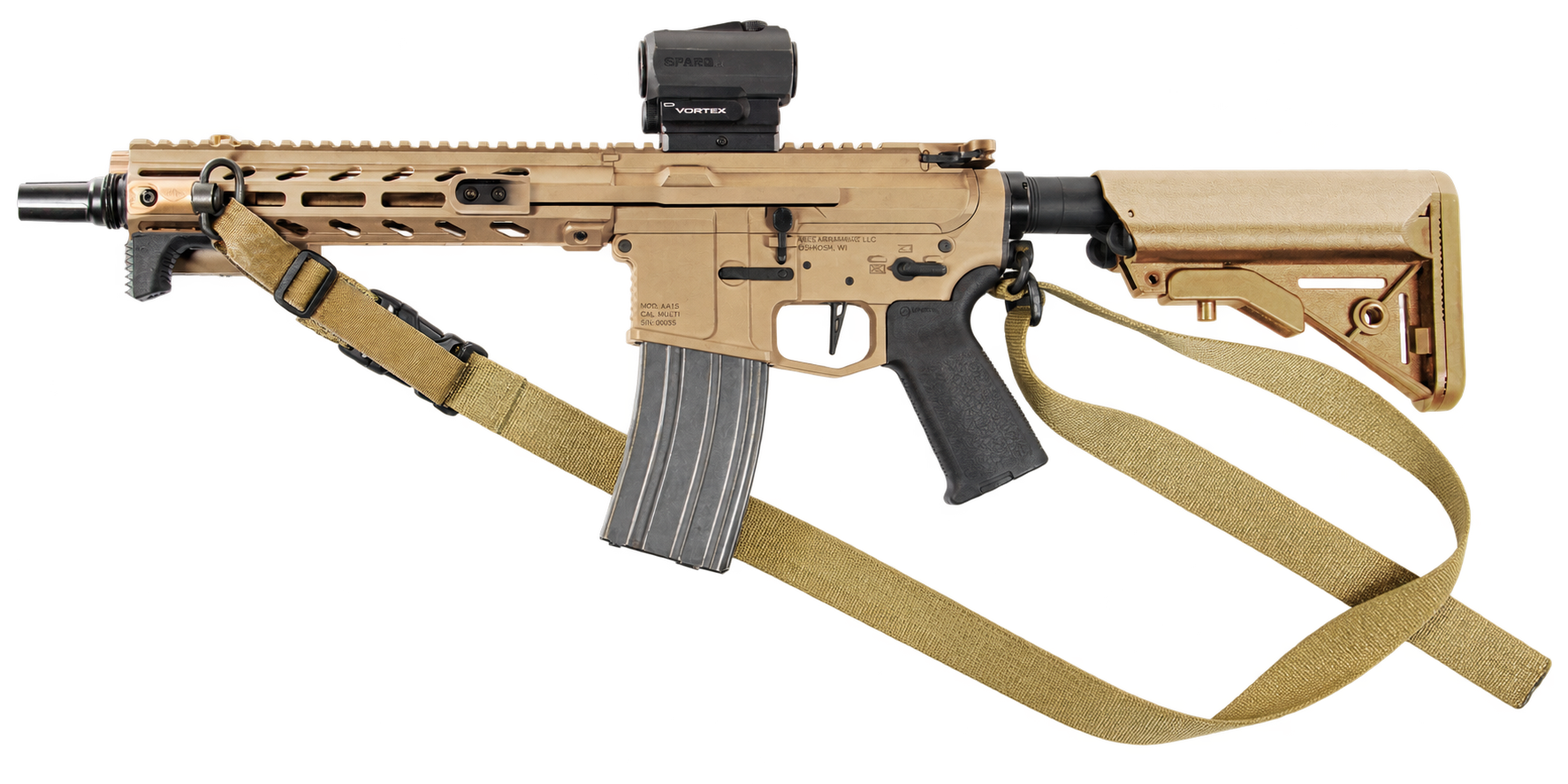 A tan tactical rifle with a black pistol grip, attached tan strap, and an optic sight mounted on top.