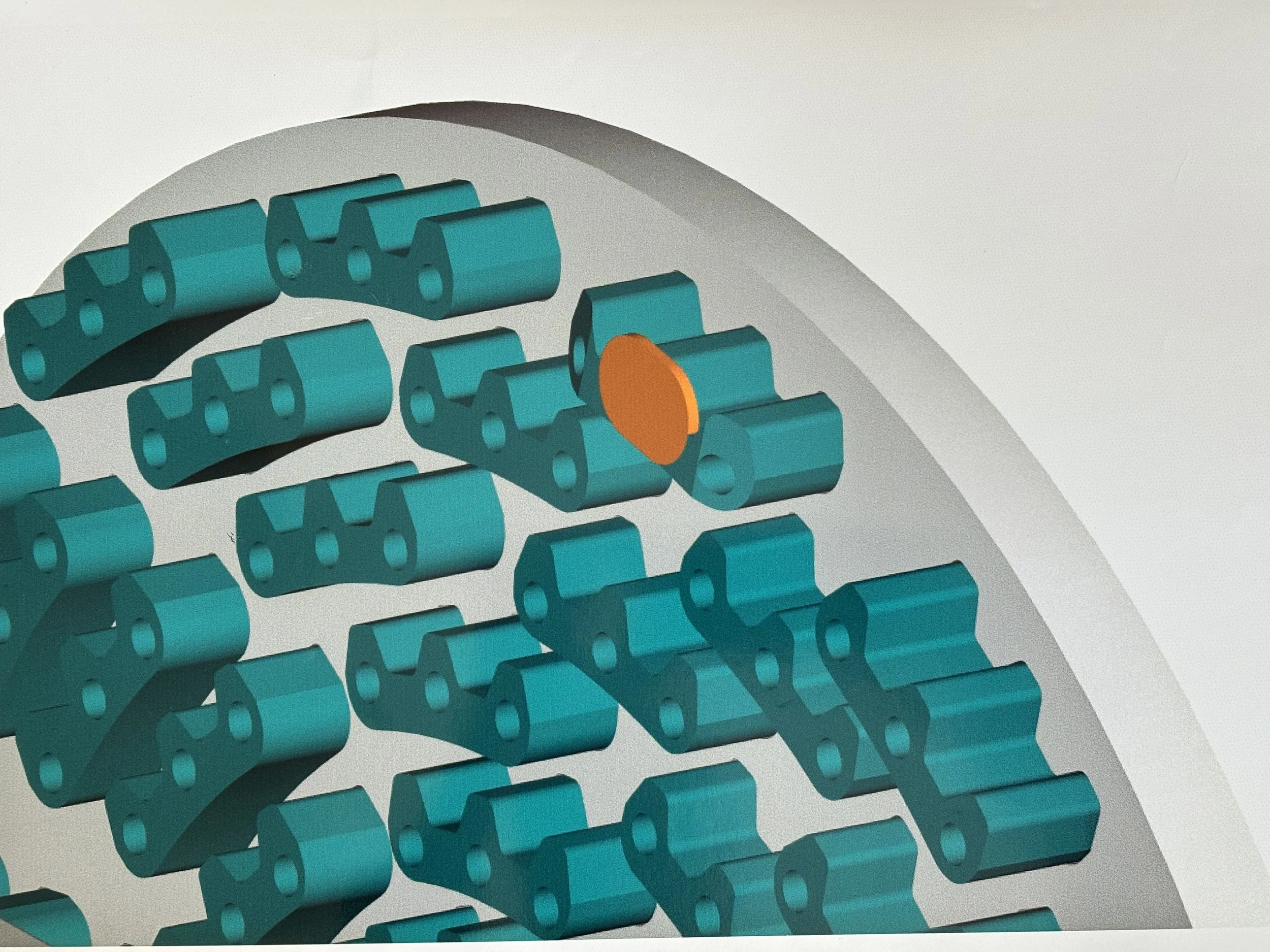 Close-up of teal and orange LEGO pieces assembled into a circular structure on a white background.