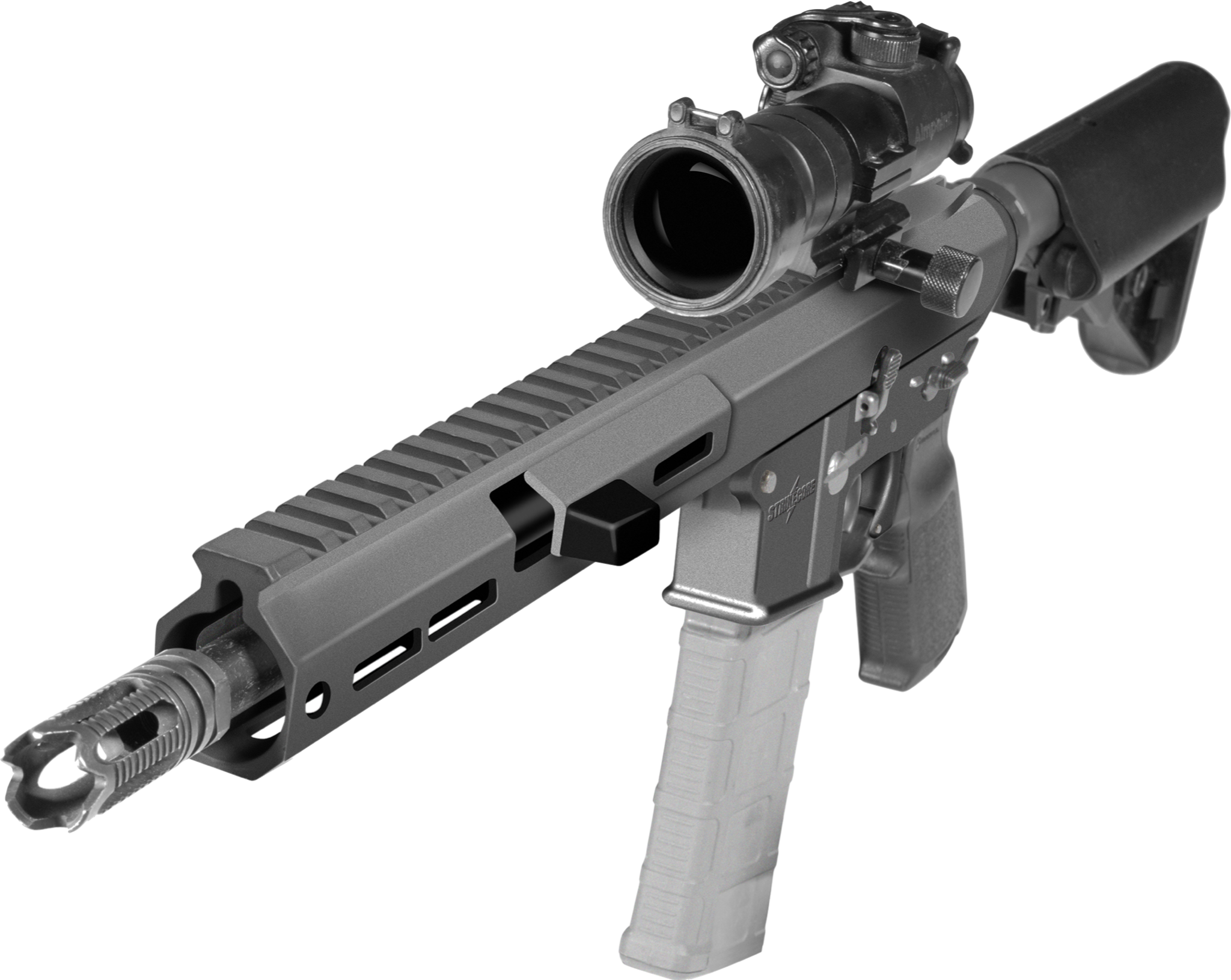 A semi-automatic rifle with a scope mounted on top, featuring a gray handguard, a black upper receiver with a rail system, and a light gray pistol grip.
