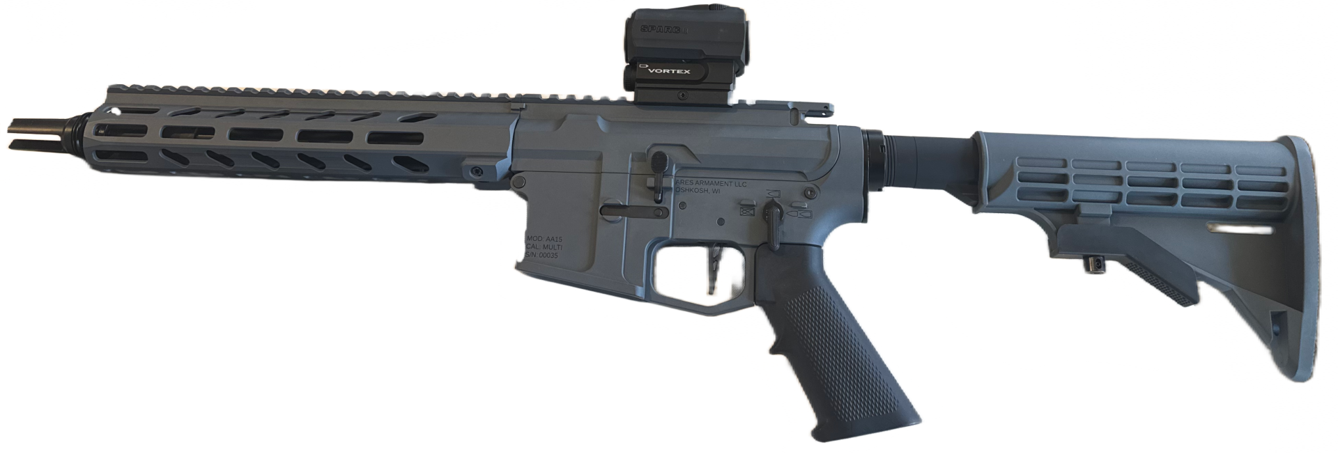 A modern semi-automatic rifle with a gray finish, extended barrel, adjustable stock, and mounted scope.