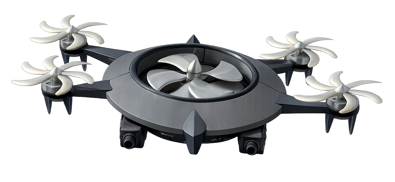 A black and gray quadcopter drone with four white propellers, two cameras underneath, and a circular central design.