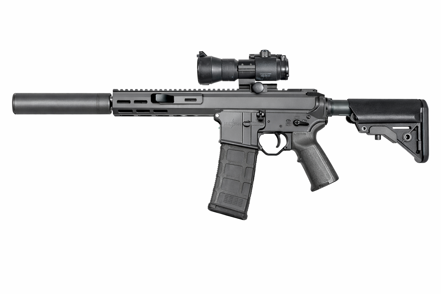 A tactical firearm with a silencer, scope, adjustable stock, and a pistol grip, shown against a white background.