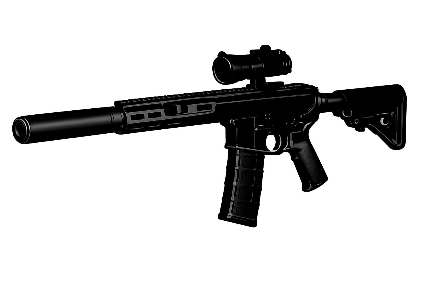 A black tactical rifle with scope, pistol grip, and adjustable stock, shown in a side view with minimal lighting.