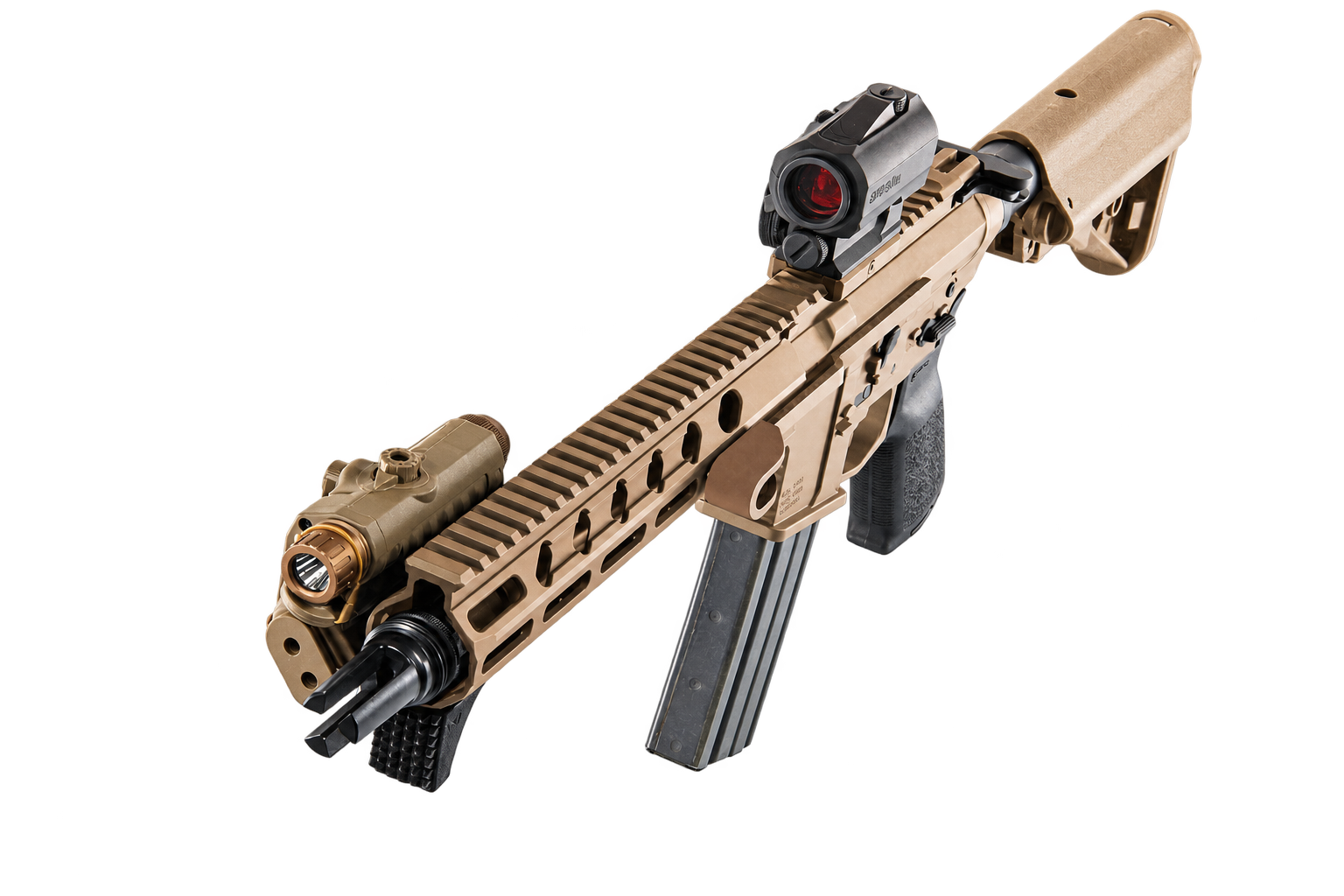 A tan tactical-style rifle with a scope, a suppressor, and an electronic sight mounted on top.