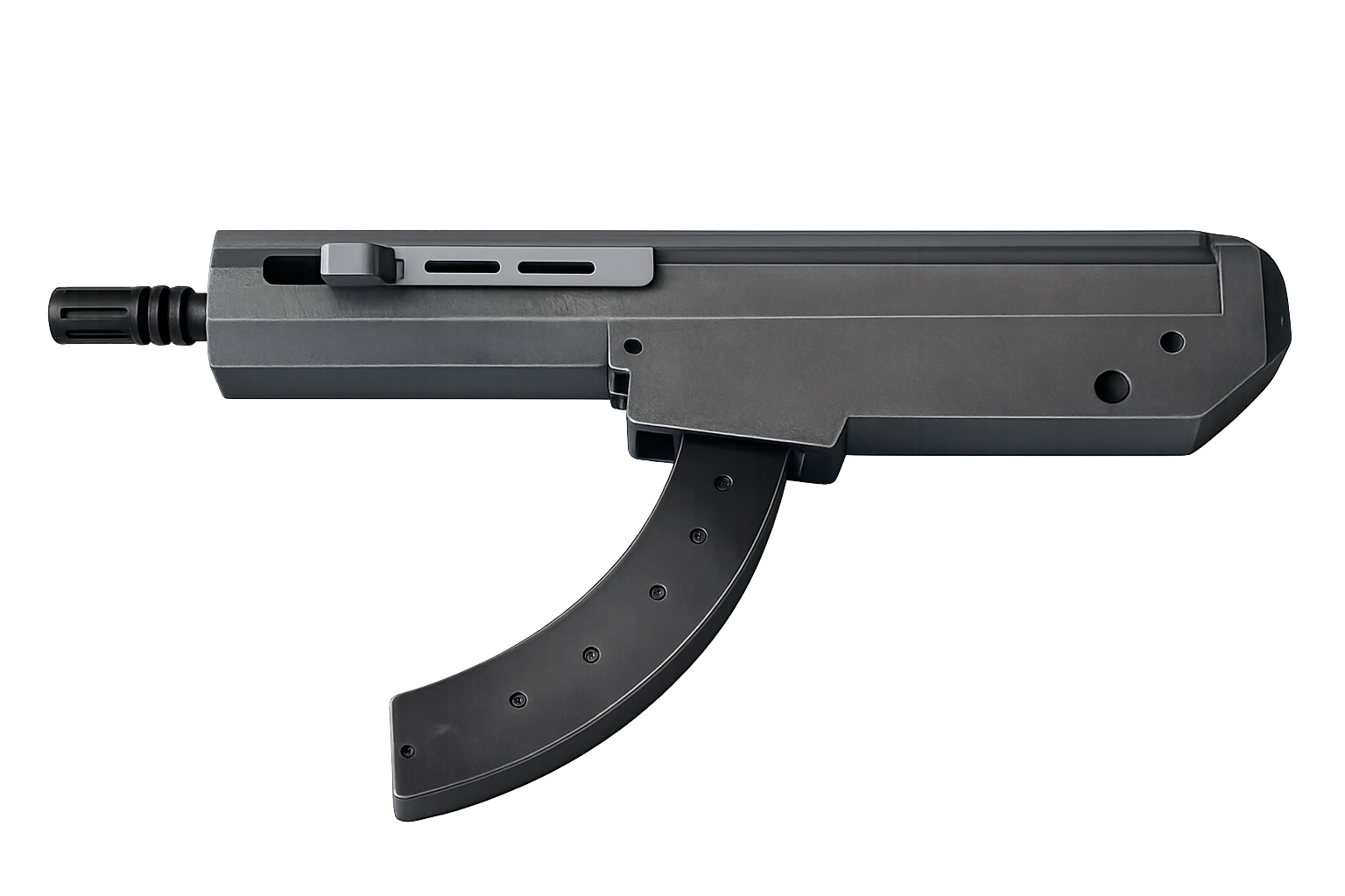 A futuristic, sleek, black and grey firearm with a curved magazine and minimalistic design.