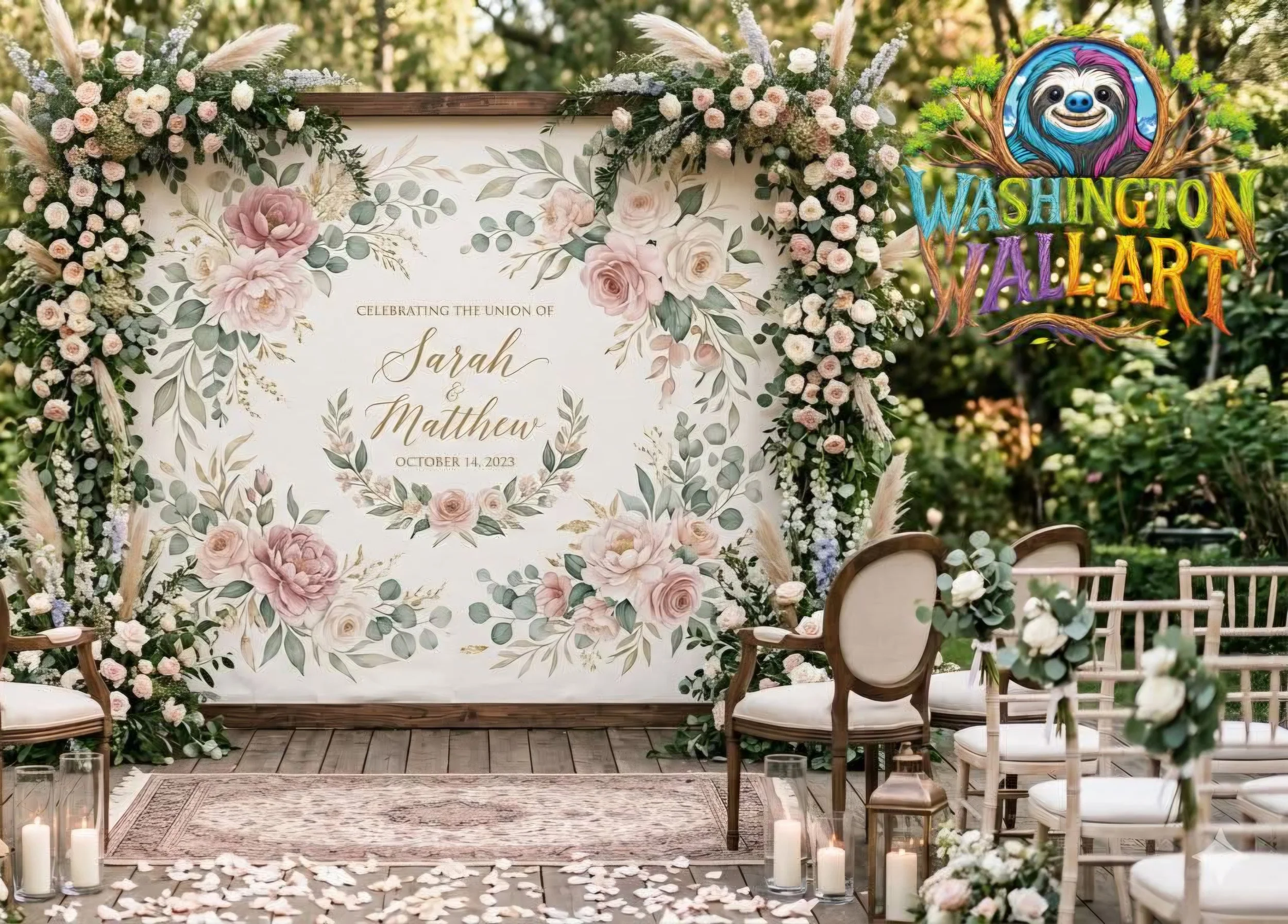 A wedding arch decorated with pink and white flowers and greenery, with chairs arranged in front for a ceremony, candles in glass holders lining the aisle with flower petals, set outdoors with trees in the background.