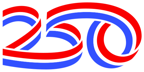 The number 250 with red, white, and blue stripes.