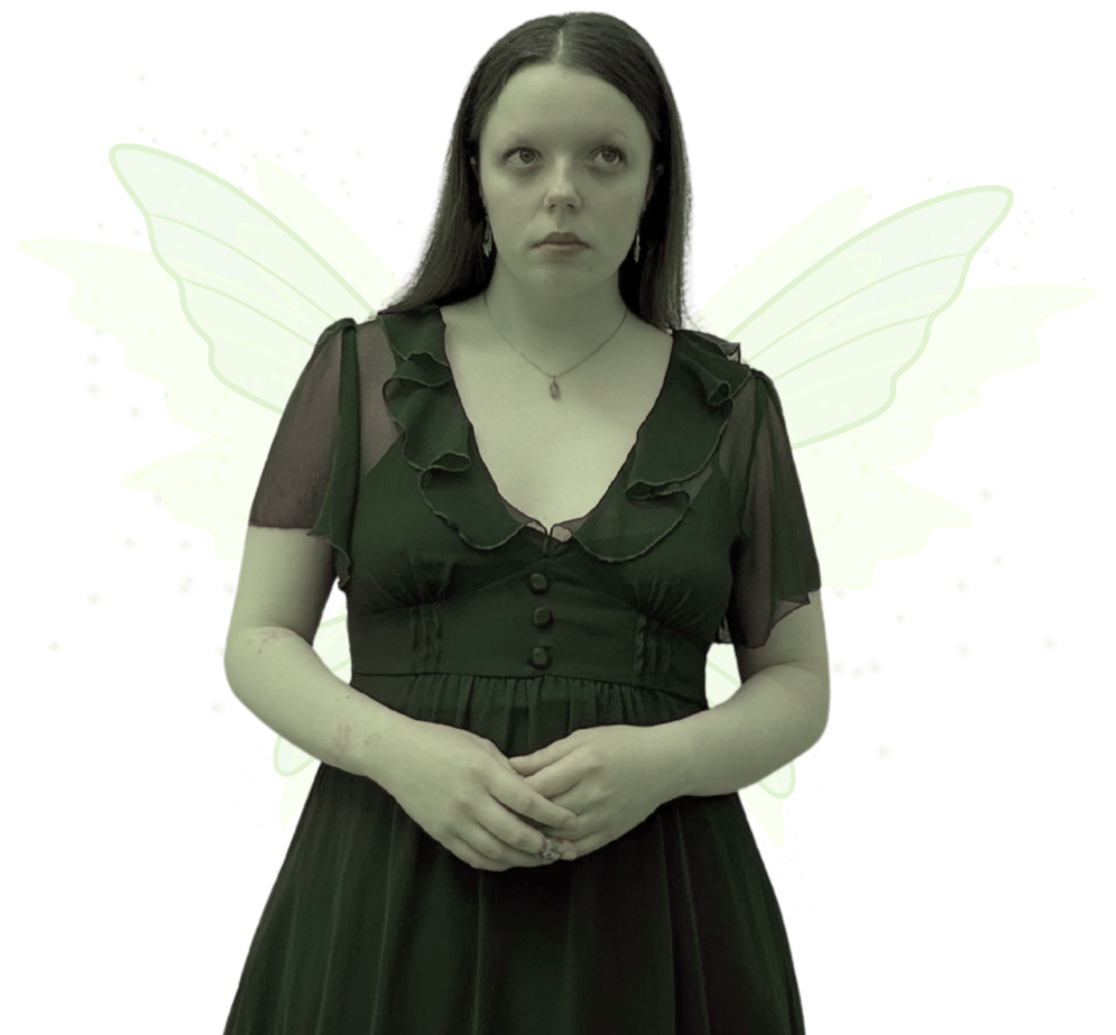 Green Fairy Fae Faerie Looking Up With Long Brown Hair Wearing Frilly Dress