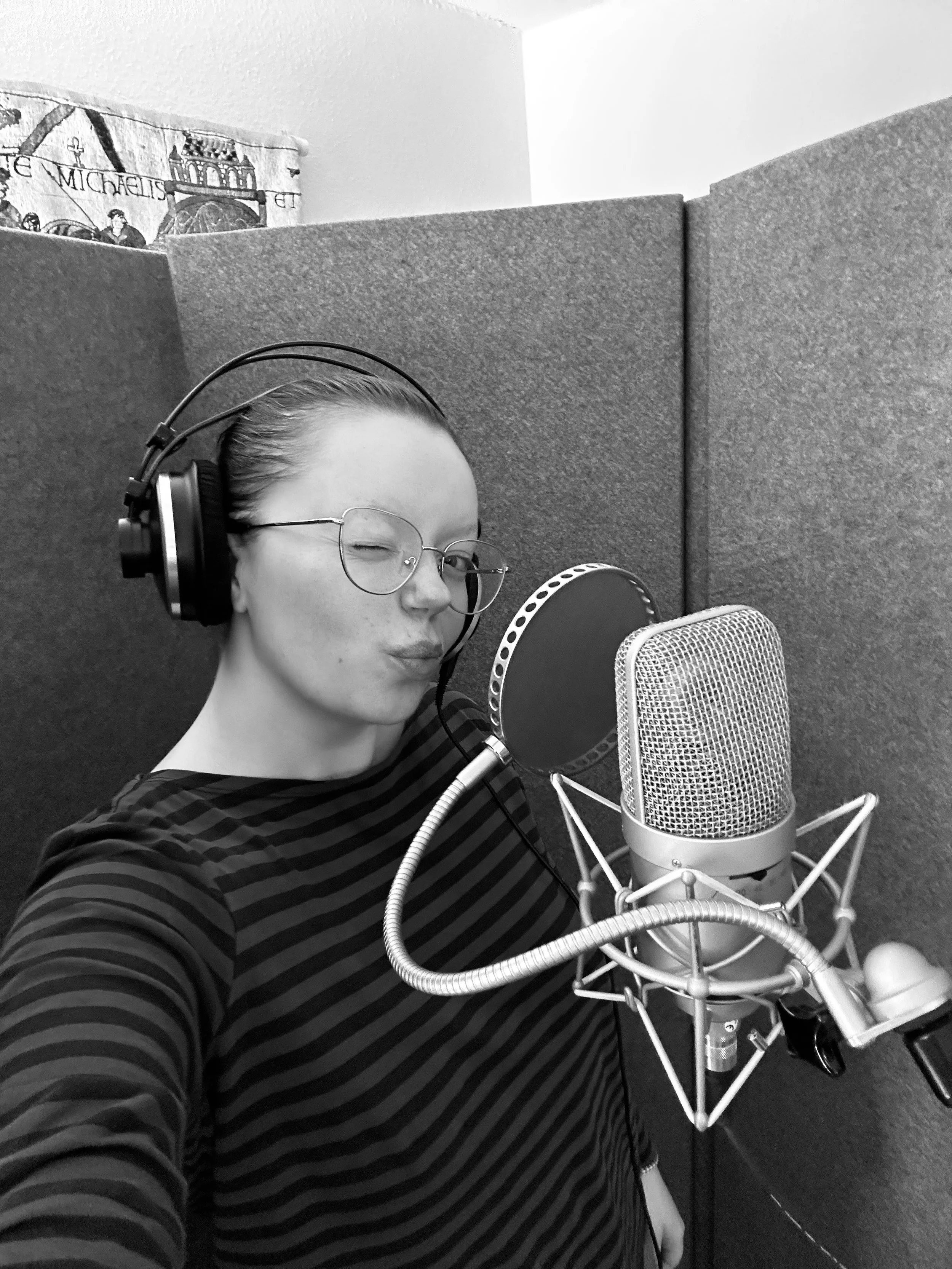 Singer Wearing Striped Shirt At Mic Recording Studio Silver Mic