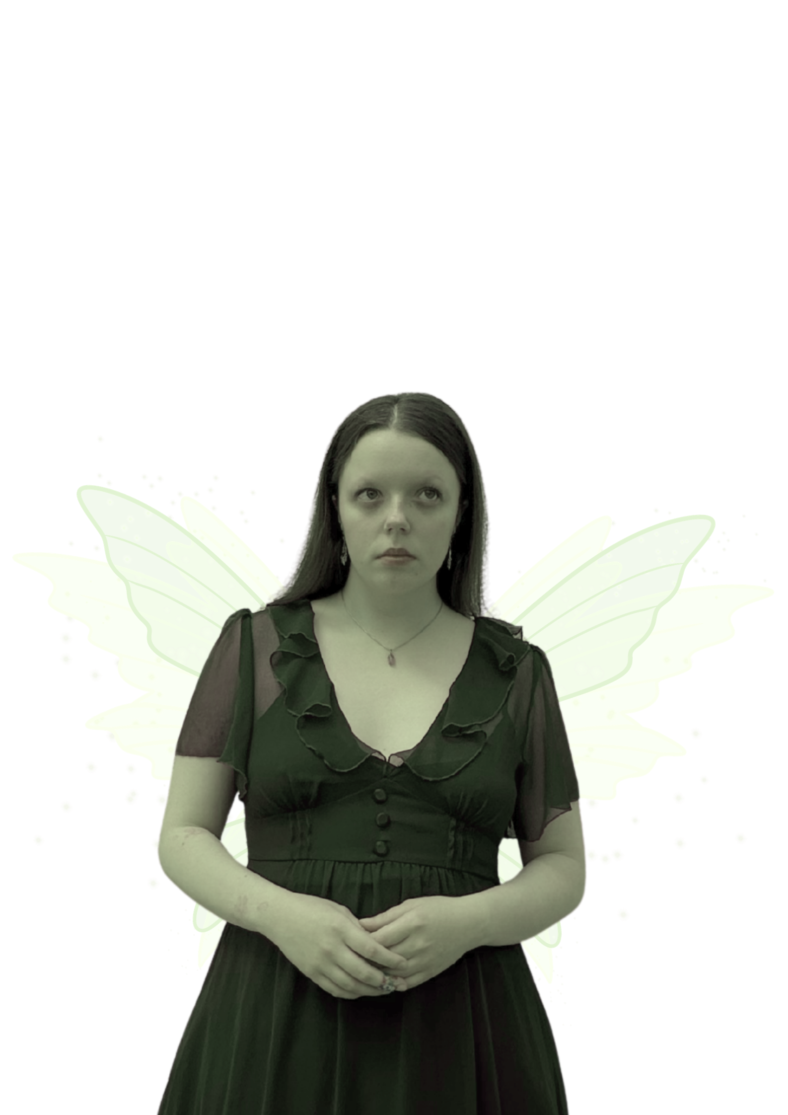 Green Fairy Fae Faerie Looking Up With Long Brown Hair Wearing Frilly Dress