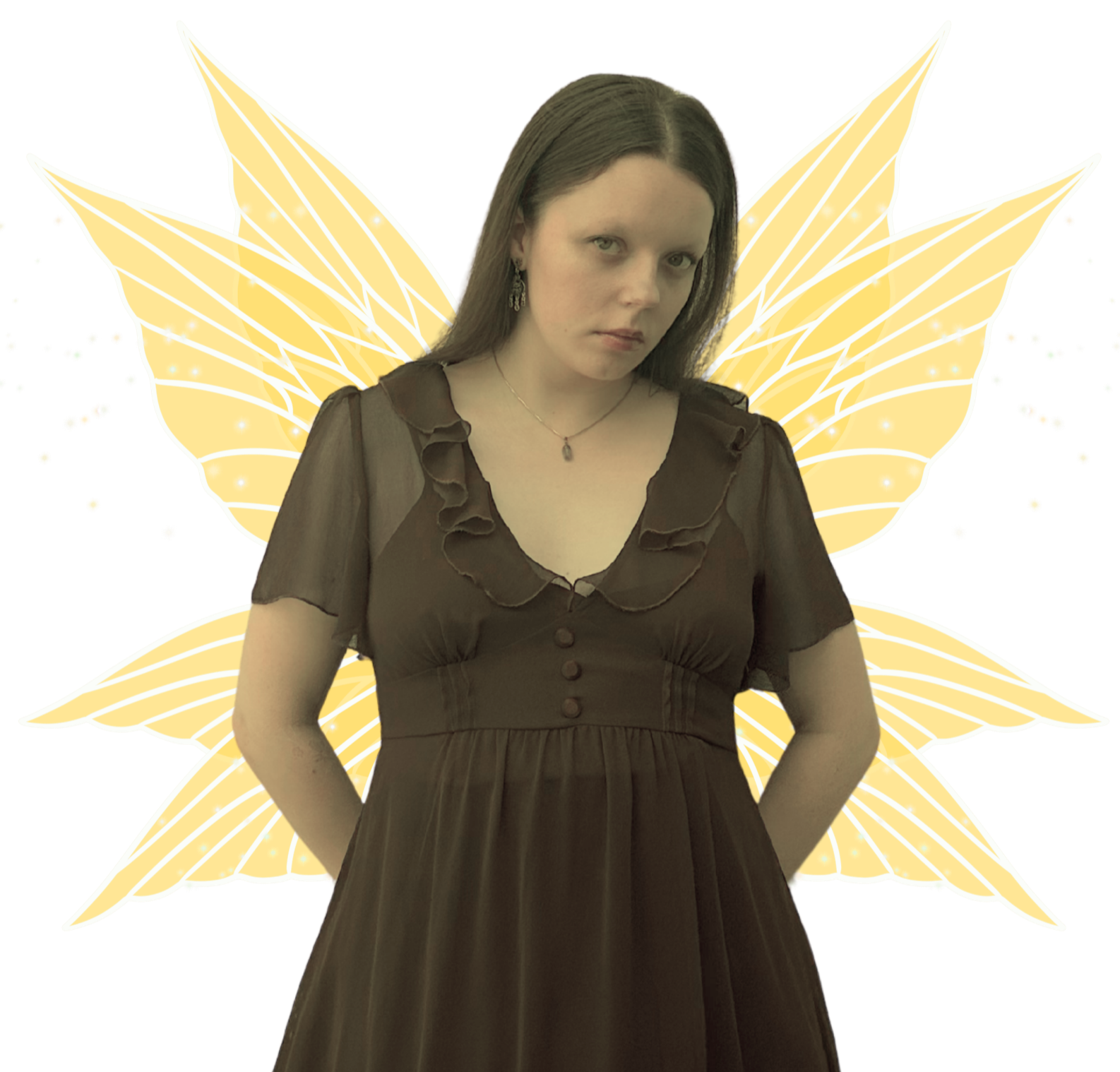 Yellow Fairy Fae Faerie Looking Forward With Long Brown Hair Wearing Frilly Dress