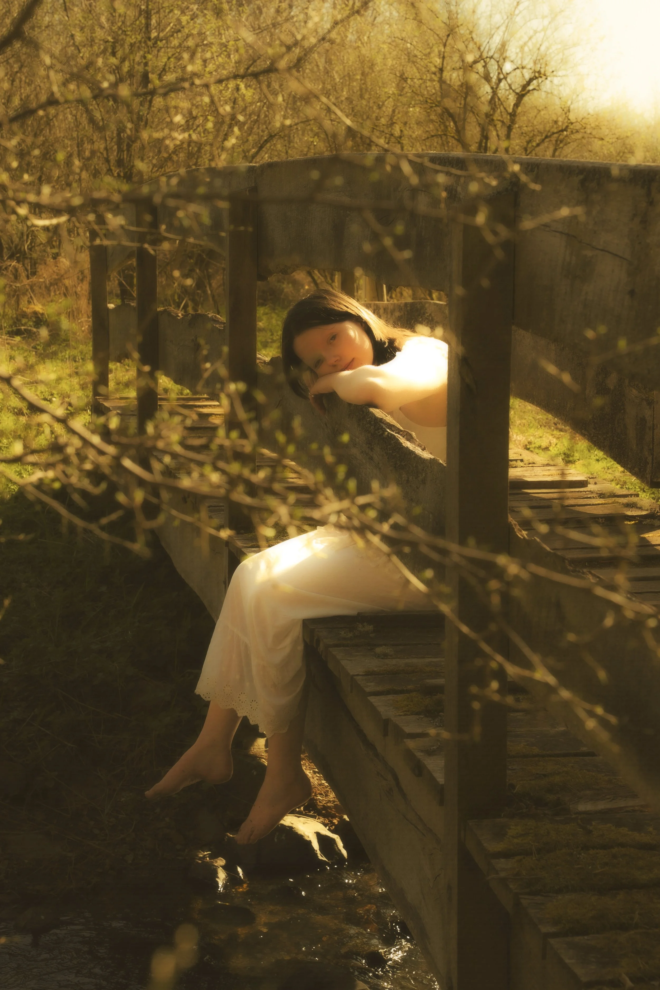Girl On Bridge Warm Sunny Summer Fairy Fae Faerie Glowing Stream White Thin Lace Dress