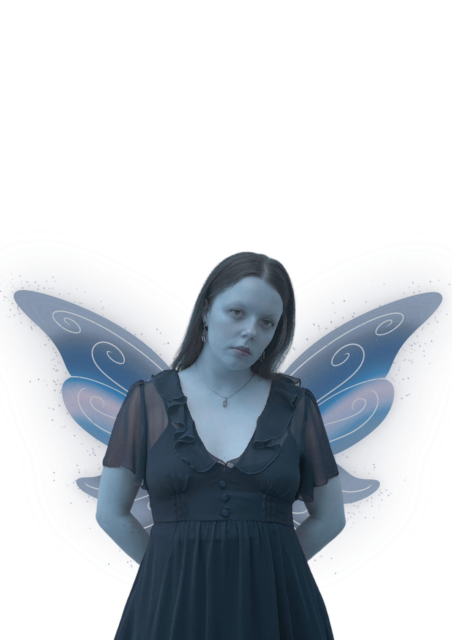 Blue Fairy Fae Faerie Looking Forward With Long Brown Hair Wearing Frilly Dress