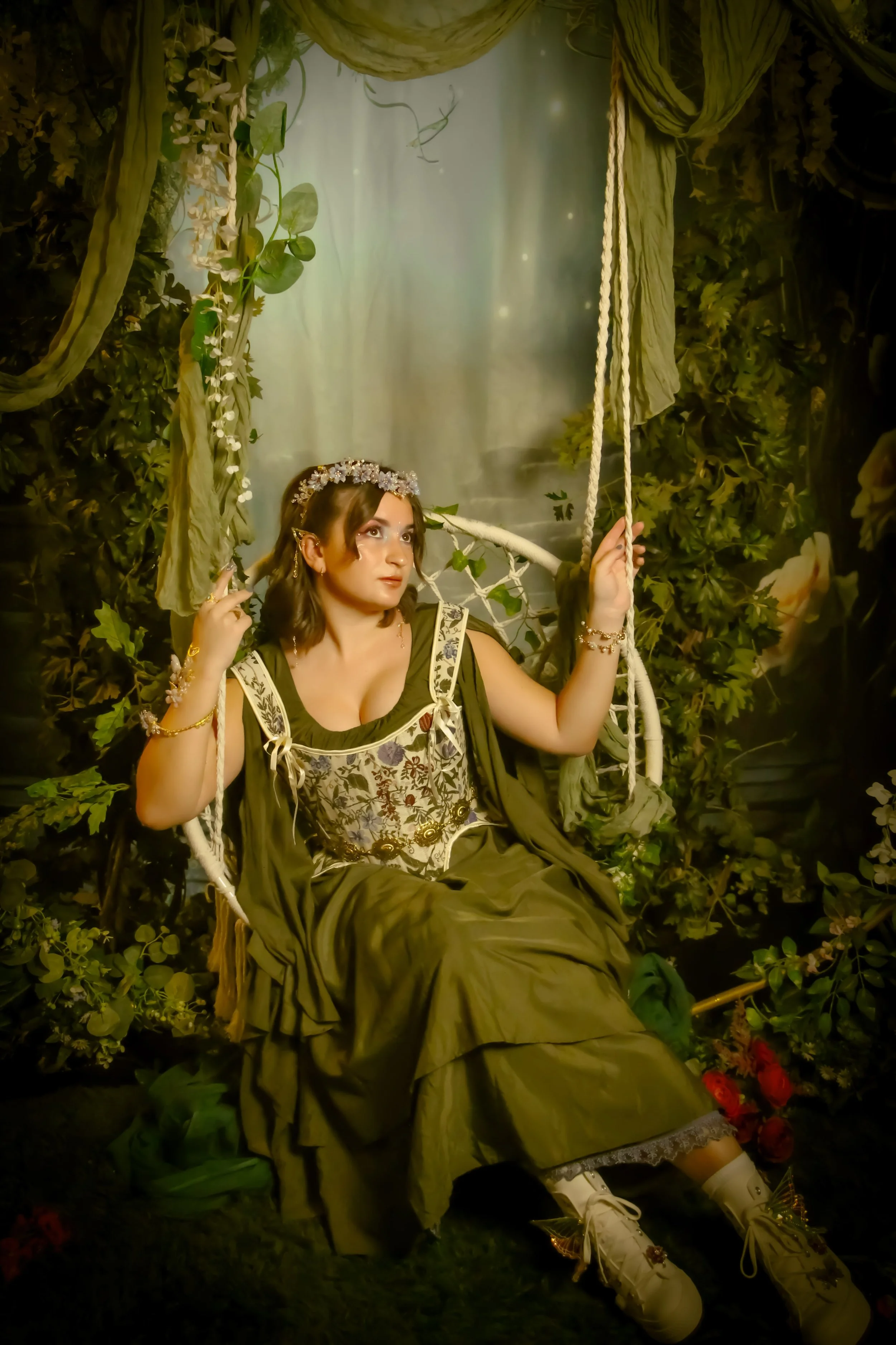 Forest Fairy Fae Faerie In Swing Wearing Flower Tiara Crown Fantasy Photo