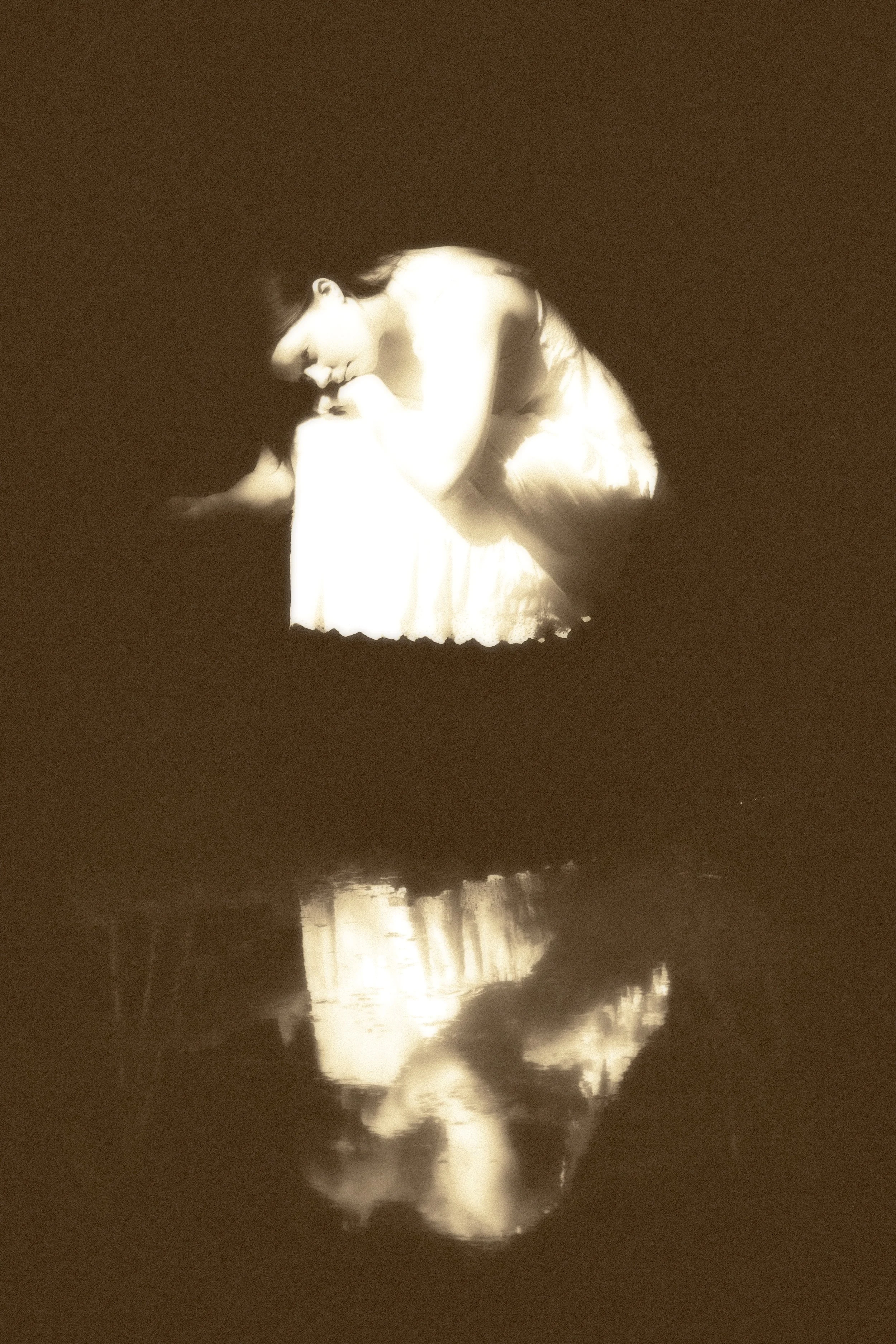 Fairy Fae Faerie Forest Creature Water Fairy Mirrored In Lake White Thin Lace Dress Sepia Black And White Serene Ethereal