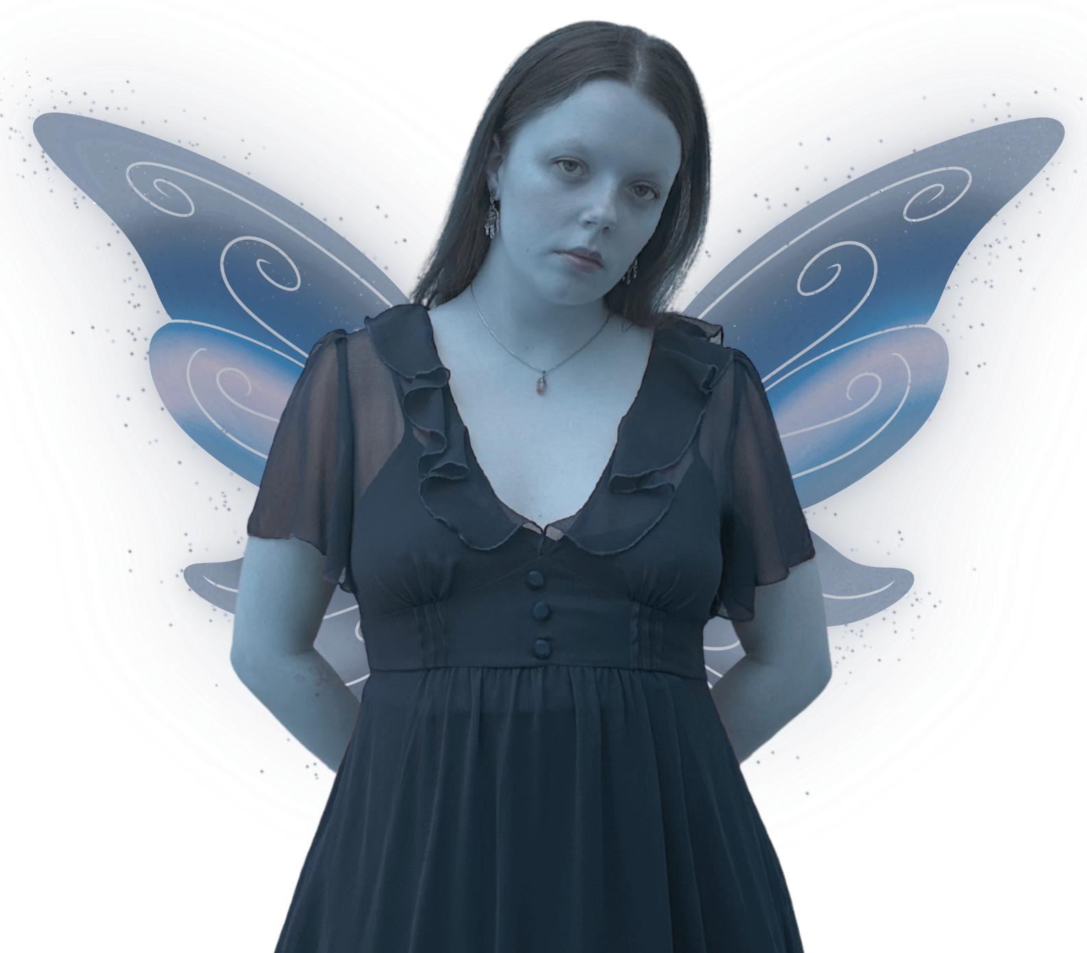 Blue Fairy Fae Faerie Looking Forward With Long Brown Hair Wearing Frilly Dress