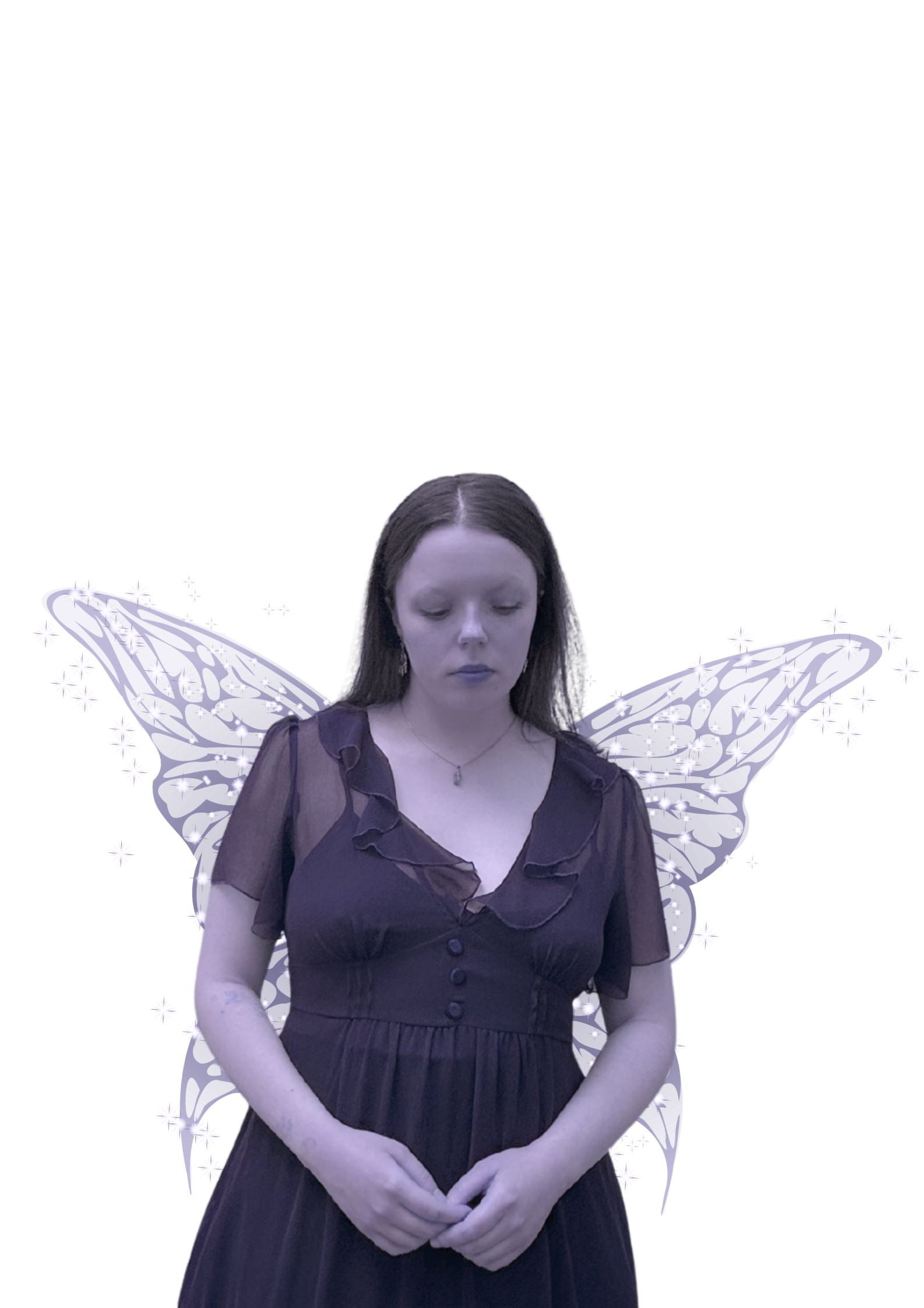 Purple Fairy Fae Faerie Looking Down With Long Brown Hair Wearing Frilly Dress