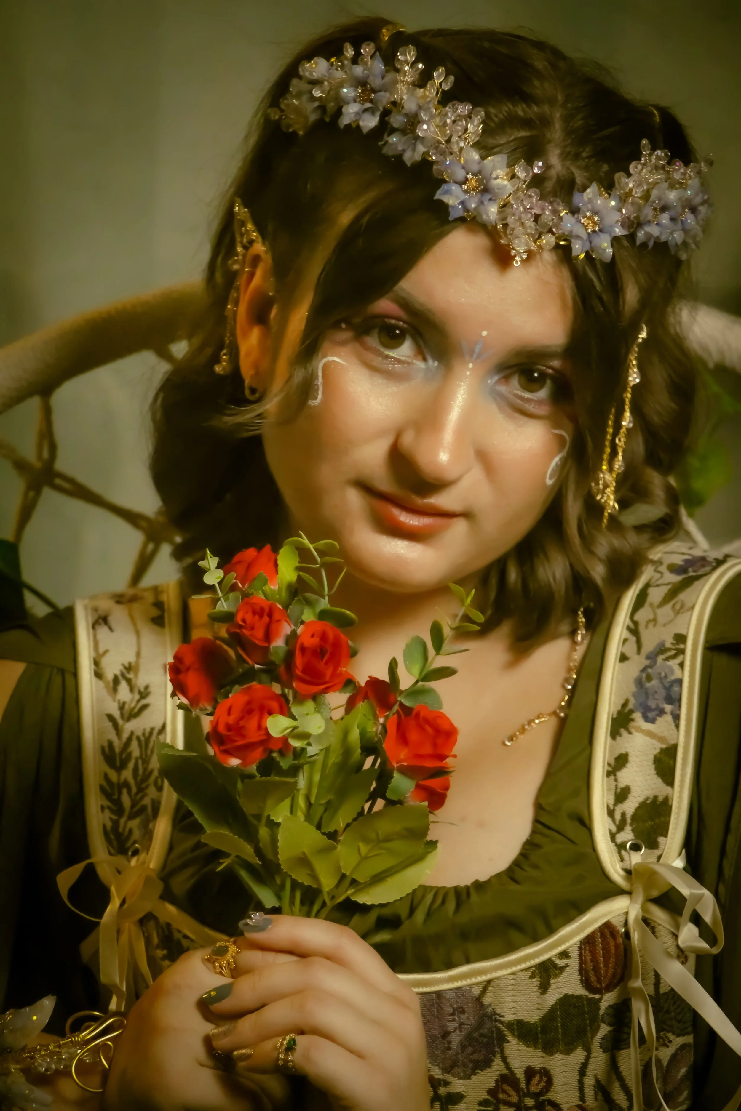 Forest Fairy Fae Faerie Holding Red Flowers Wearing Flower Crown Tiara Portrait
