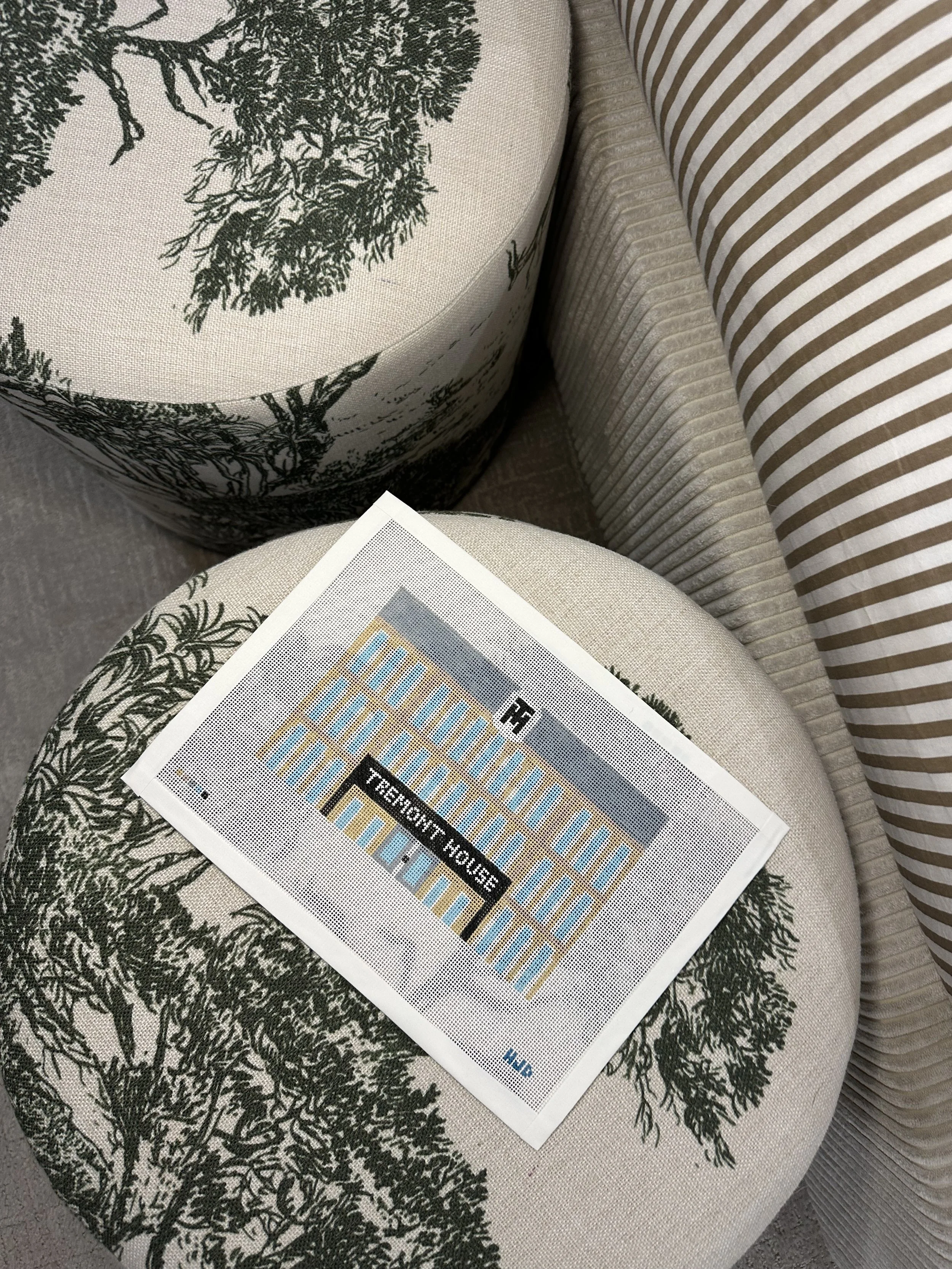 Close-up of a textured fabric cushion with a black tree design, adjacent to a striped pillow, and a scratch-off lottery ticket on top of the cushion.