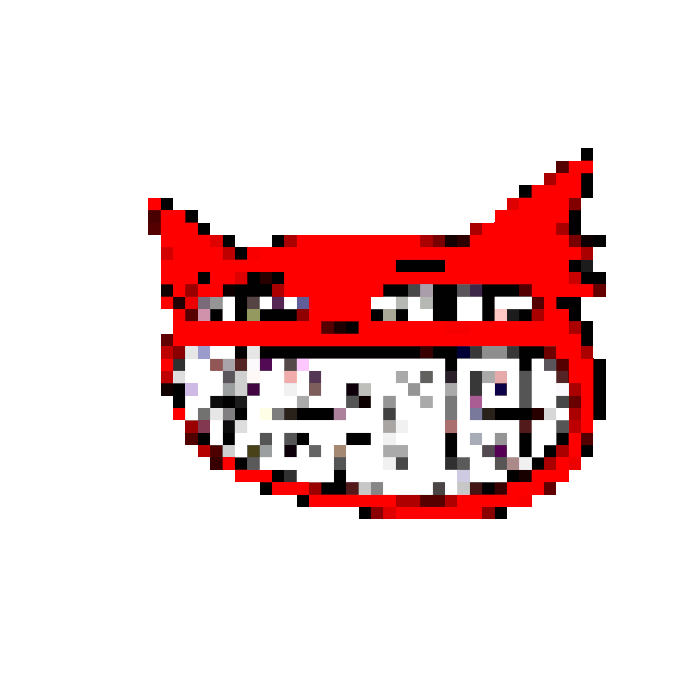 Pixelated cartoon red cat with a wide mouth showing teeth, set against a dark background.