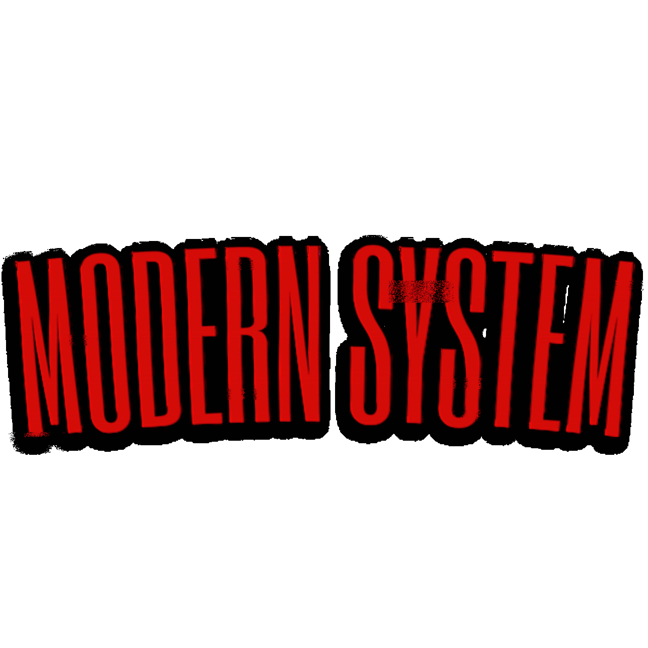 A stylized graphic with the words 'Modern System' in red and black, distorted and outlined in blue.