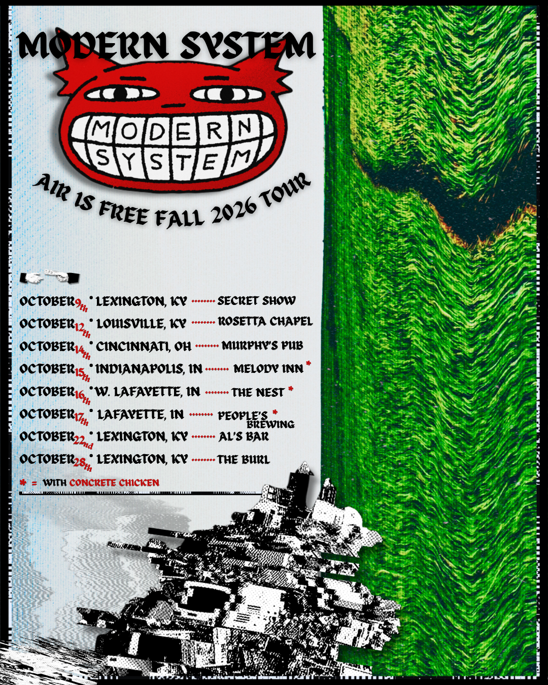 Poster for Modern System's fall 2026 tour, featuring scheduled dates and locations from October 9 to October 28 in various cities, with notes about certain shows featuring concrete chicken.