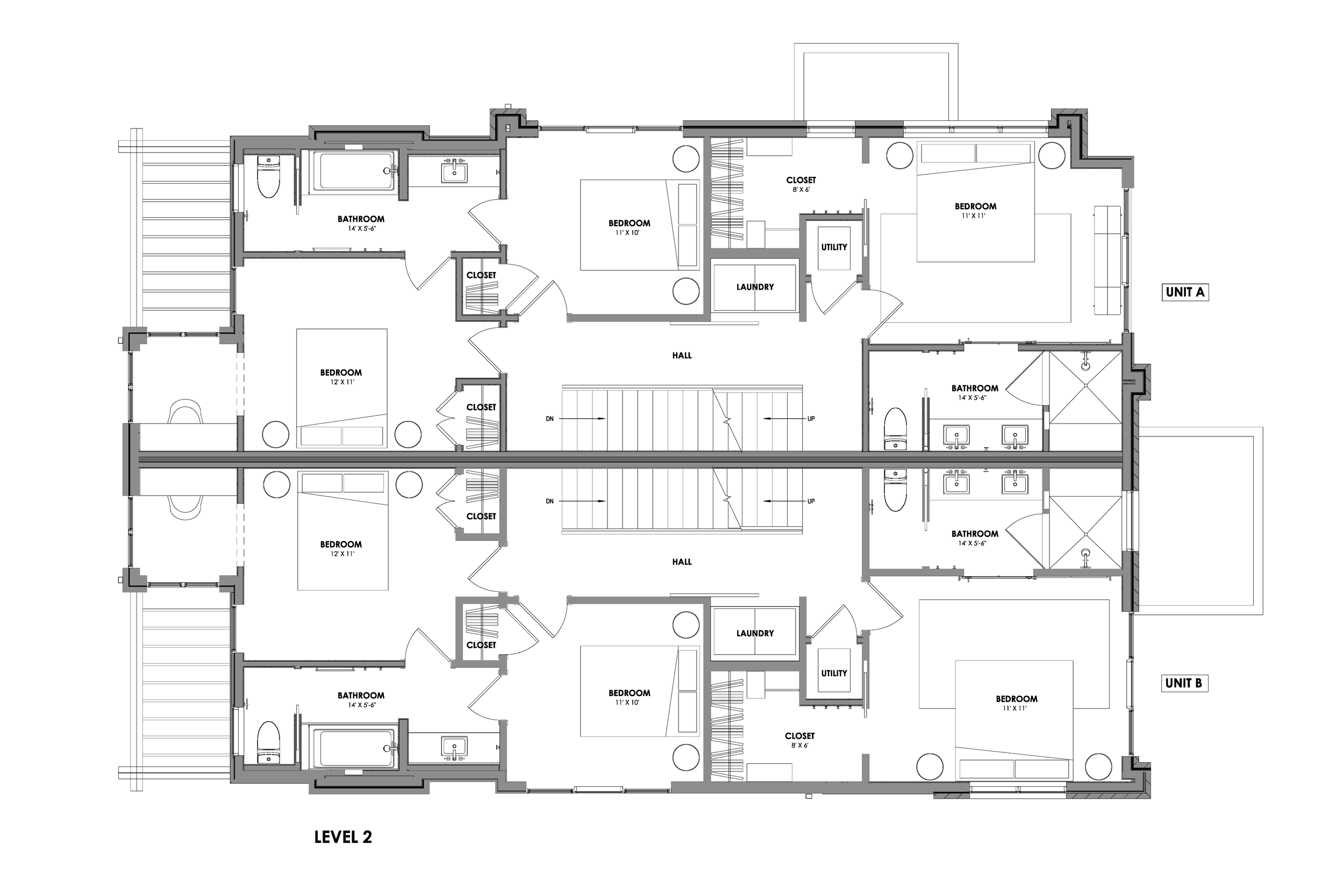 Level two floor plan of the Blythe duplex, showing three bedrooms, two bathrooms, laundry, and utility in each unit.