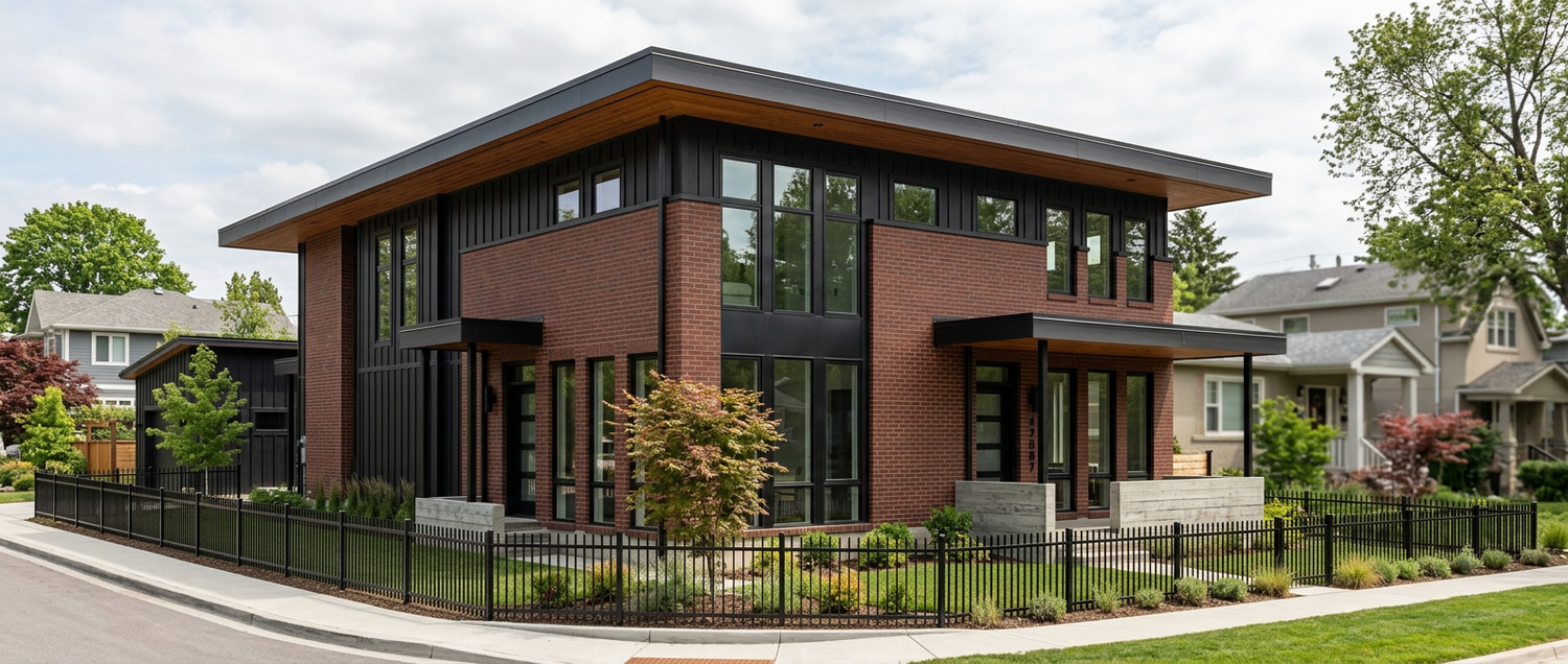 Corner view of Wren, showing the red brick facade, the spanning roofline, and black framed window walls.