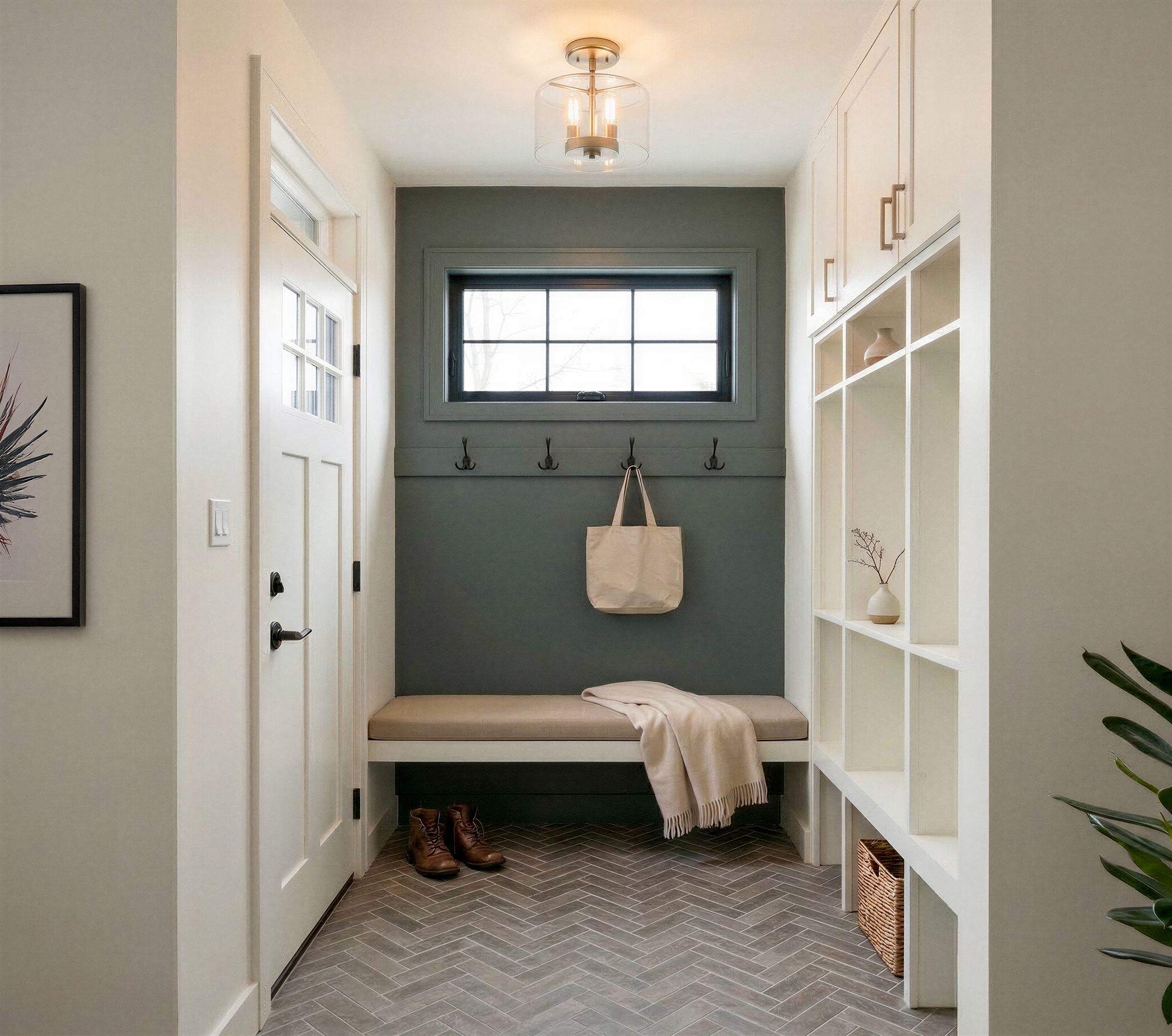 The mudroom of the Julian Street duplex, with white built-in lockers and cubbies, a cushioned bench, a soft sage accent wall, and a herringbone tile floor.