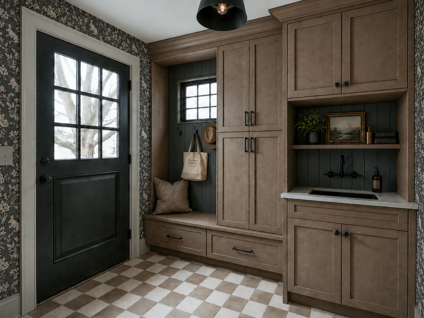 The mudroom of the Perry home, with a black exterior door, warm wood cabinetry, and a checkerboard tile floor.