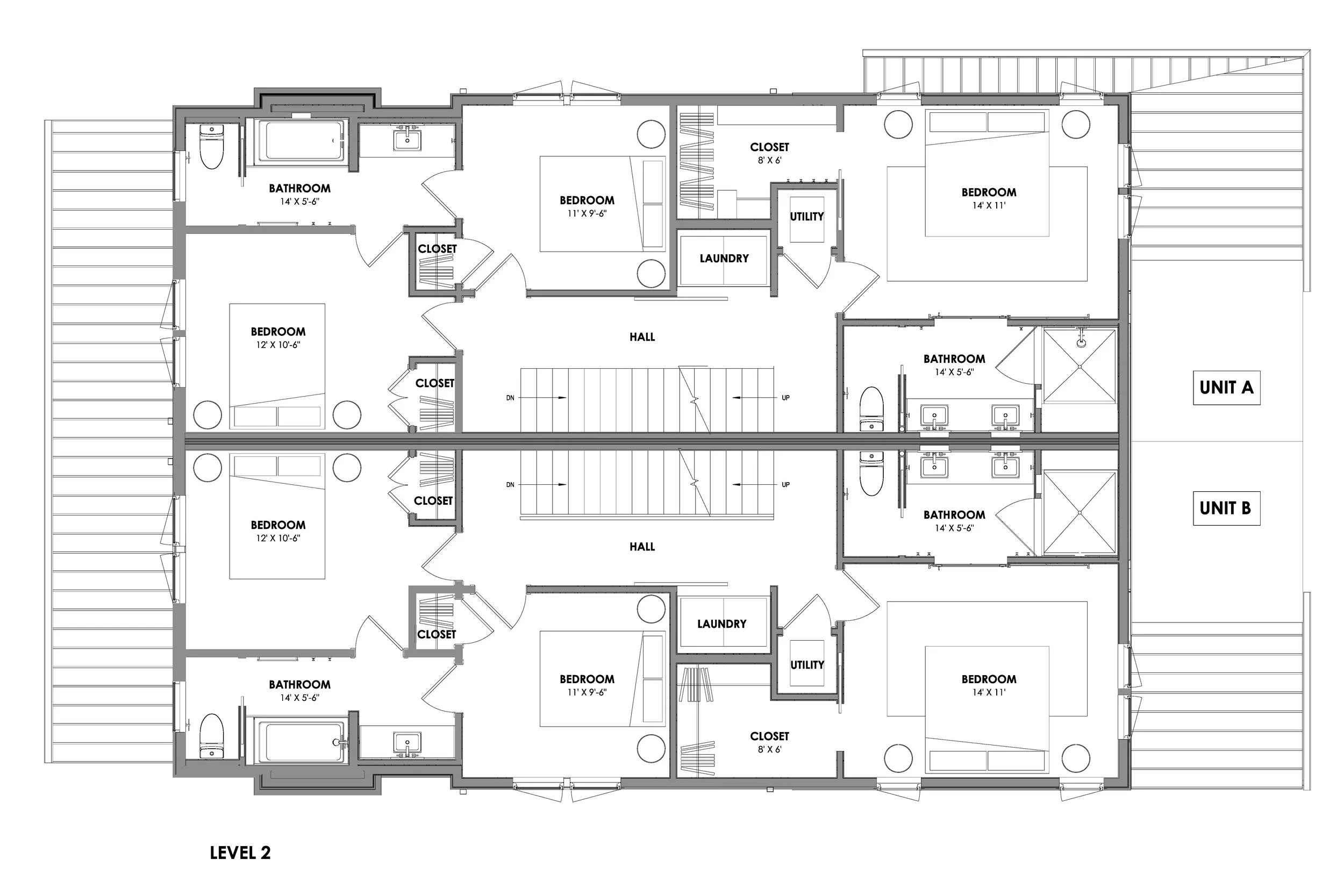 Level two floor plan of Nora, showing three bedrooms in each unit, a primary bath with a double vanity and shower, an eight by six walk-in closet, a hall bath with a tub, and the laundry and utility rooms.