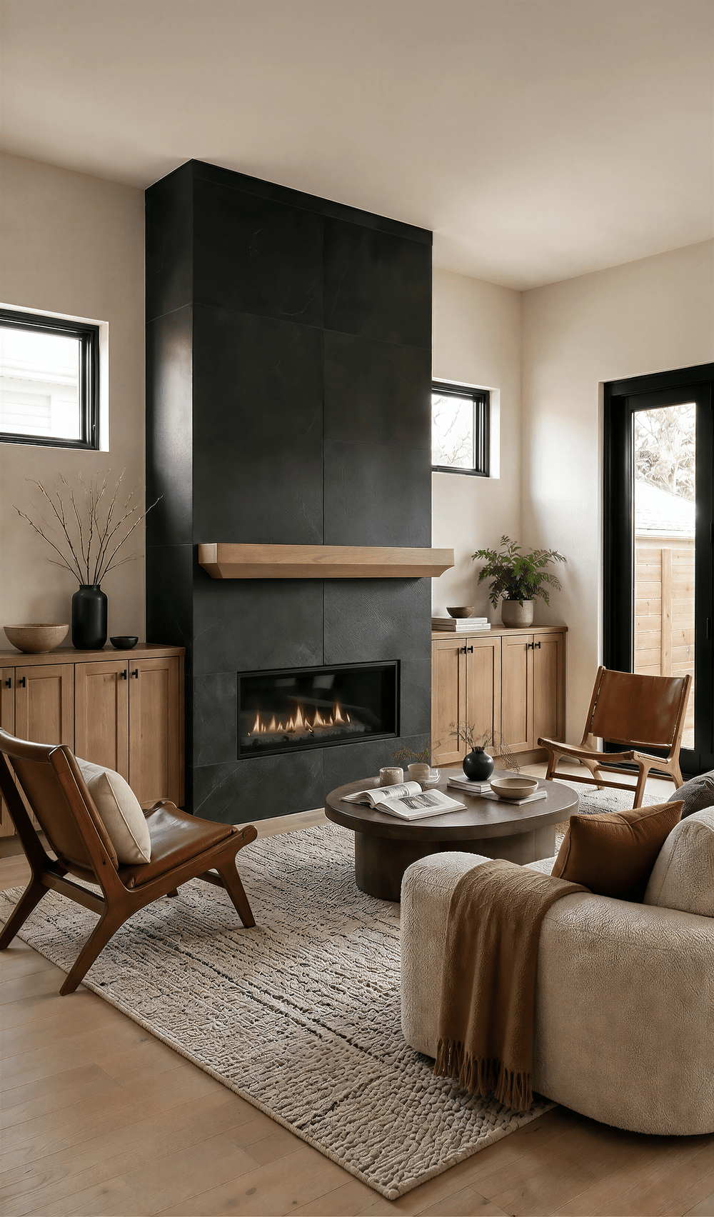 Living room at Wren with a floor to ceiling black tile fireplace, a floating white oak mantel, flanking oak cabinets, and leather sling chairs.