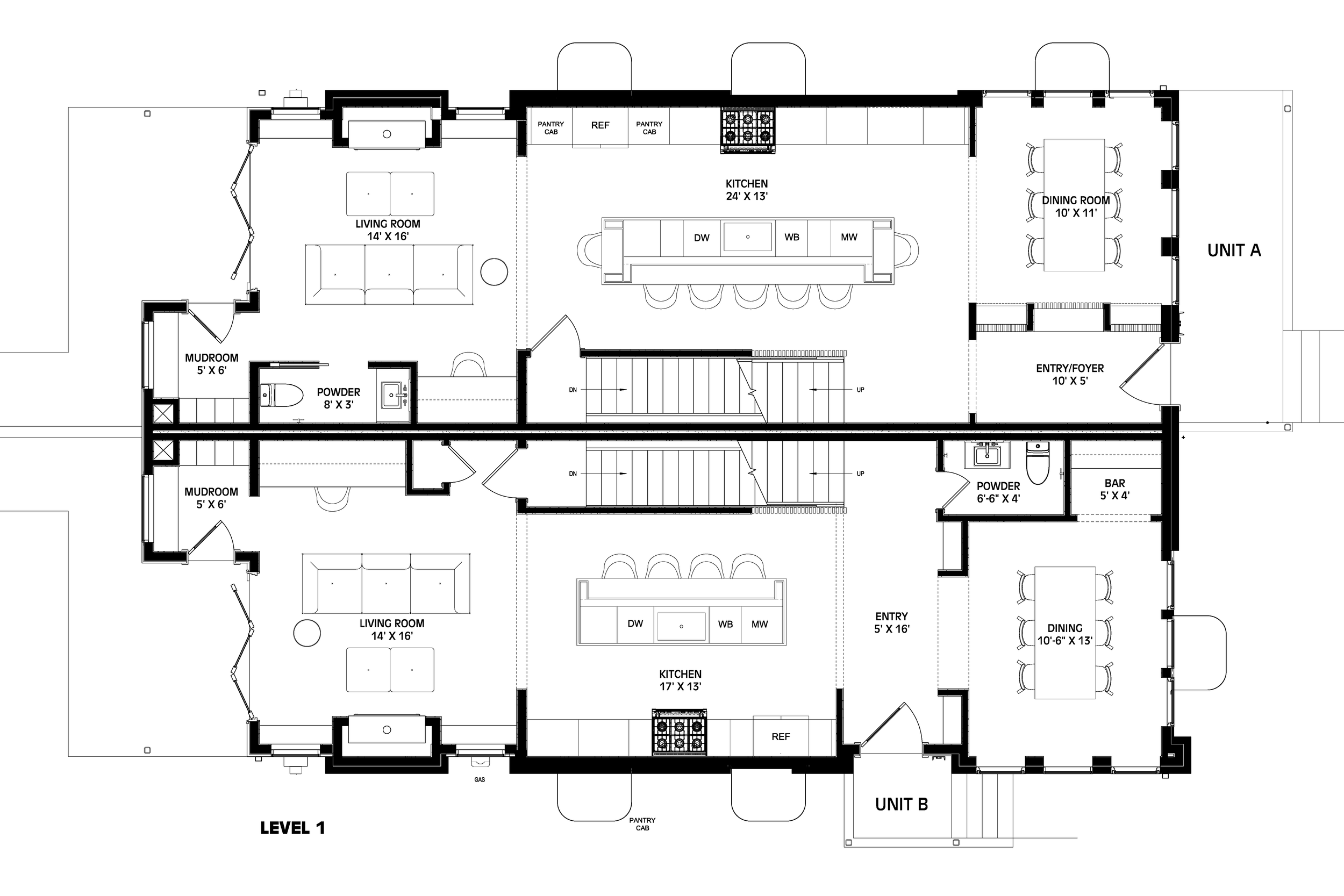 Level one floor plan of the Wren duplex, showing both units with entry, kitchen, living room, dining room, powder room, and mudroom.