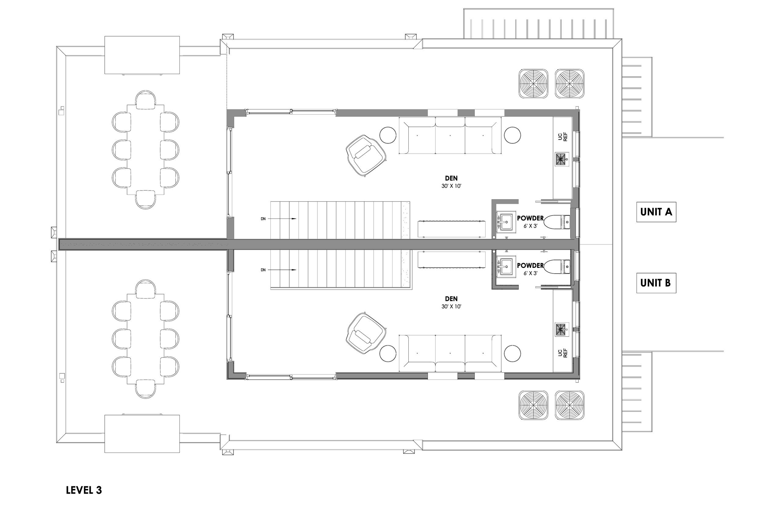 Level three floor plan of Nora, showing a thirty by ten foot den with an under-counter refrigerator, a powder room, and a large roof deck with room for an outdoor dining table.