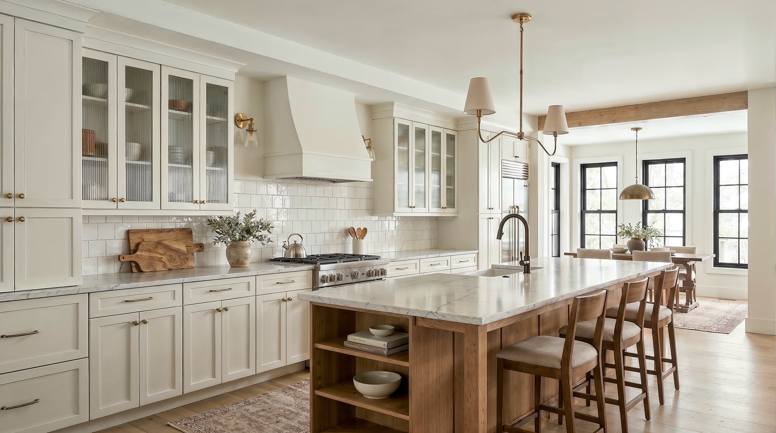 The kitchen of the Julian Street duplex, with cream perimeter cabinetry, glass-front uppers, a shaped range hood, marble-look counters, a tile backsplash, and a wood island with open shelving.
