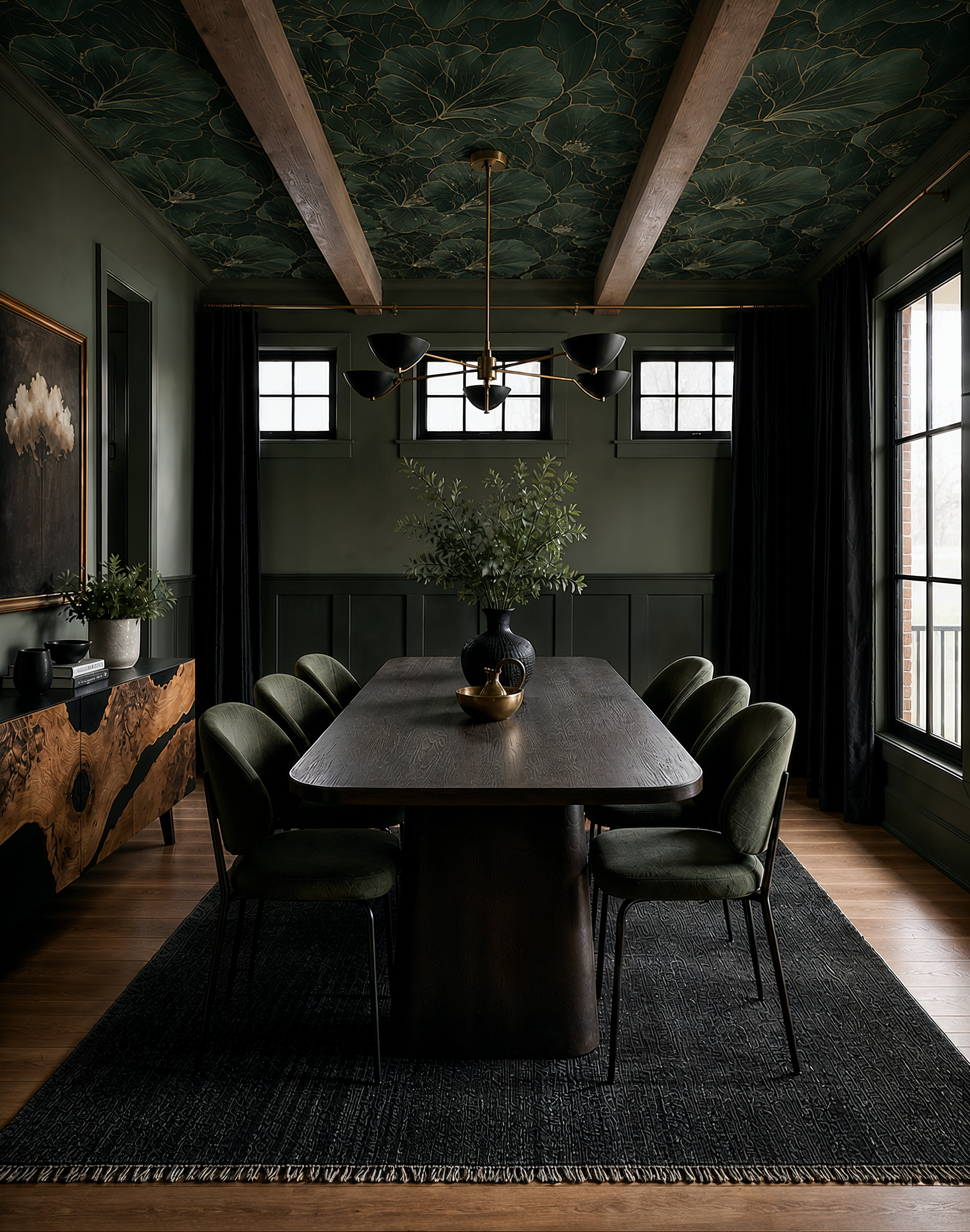 The dining room of the Perry home, with long columned windows, a substantial wood table, and a wallpapered ceiling.