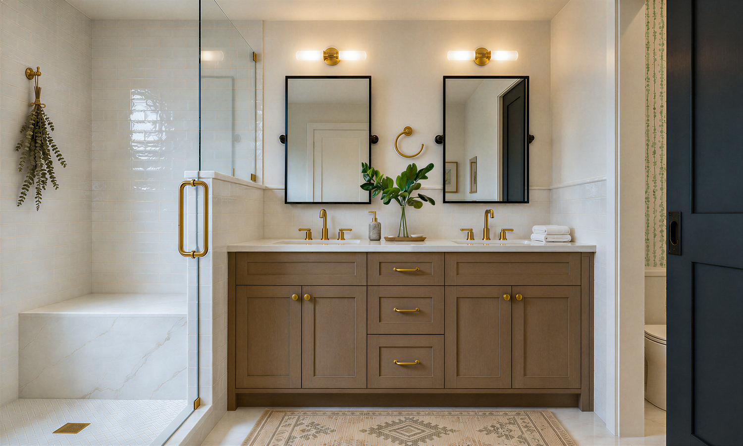 Primary bathroom at Blythe with a double wood vanity, two black pivot mirrors, brass fixtures, and a glazed white tile shower with a built-in bench.