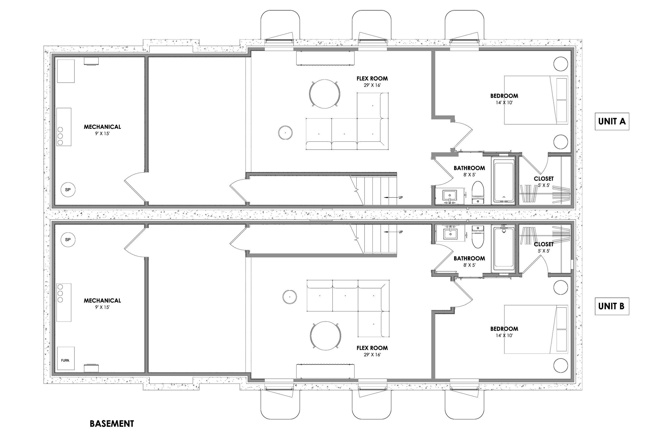 Basement plan of Nora, showing a twenty-nine by sixteen foot flex room, a fourth bedroom, a full bath, a closet, and a mechanical room in each unit.