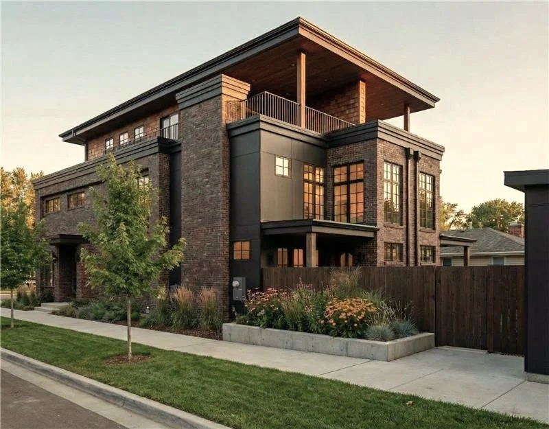 Exterior of Blythe, a brick duplex by Sloan Building Co. in Denver's Sloan's Lake neighborhood, with wood shingles above tumbled brick and black steel windows.