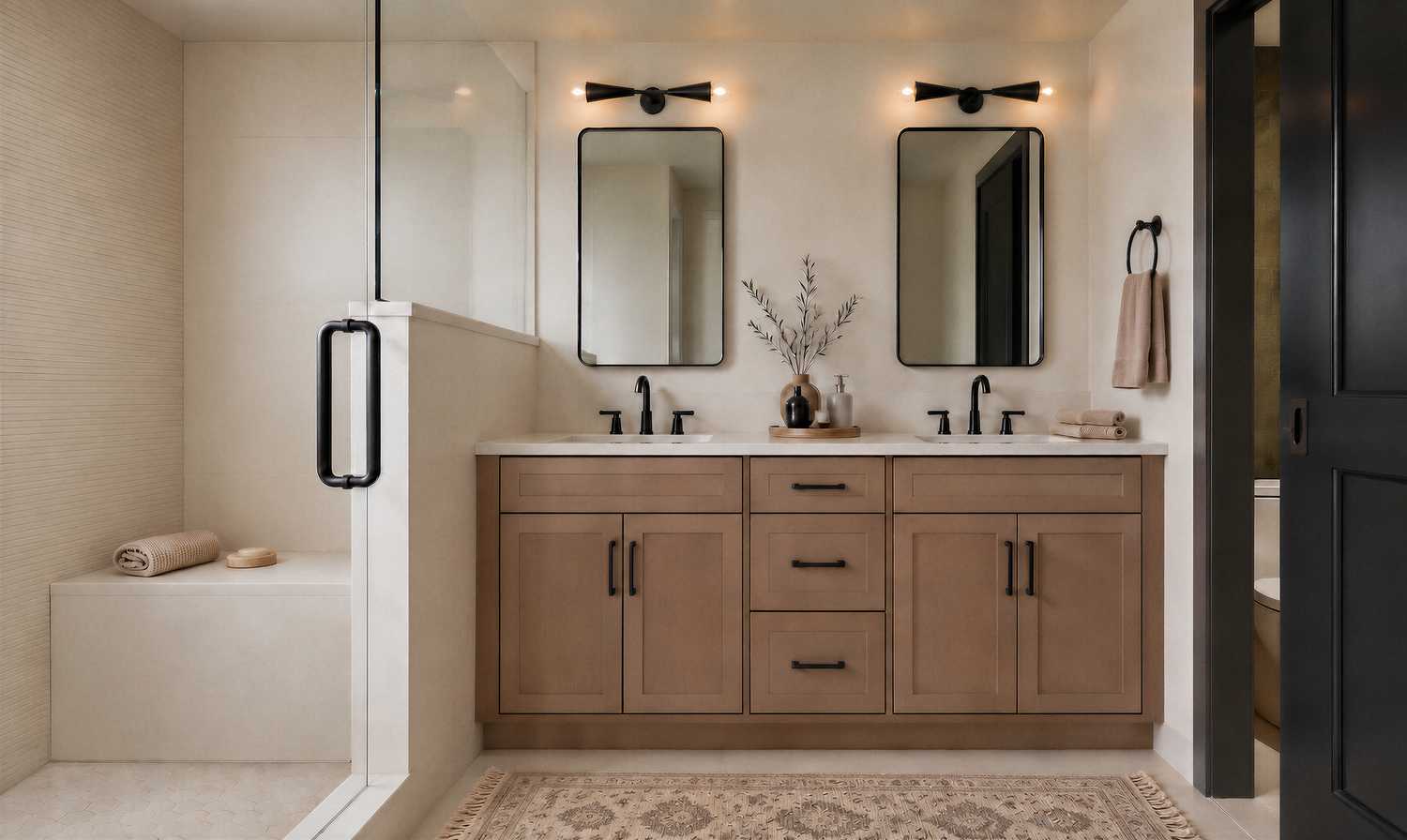 Primary bathroom at Wren with a double white oak shaker vanity, two black framed mirrors under black cone sconces, matte black fixtures, and a glass walk-in shower with a bench, a ribbed cream tile wall, and a cream hexagon mosaic floor.