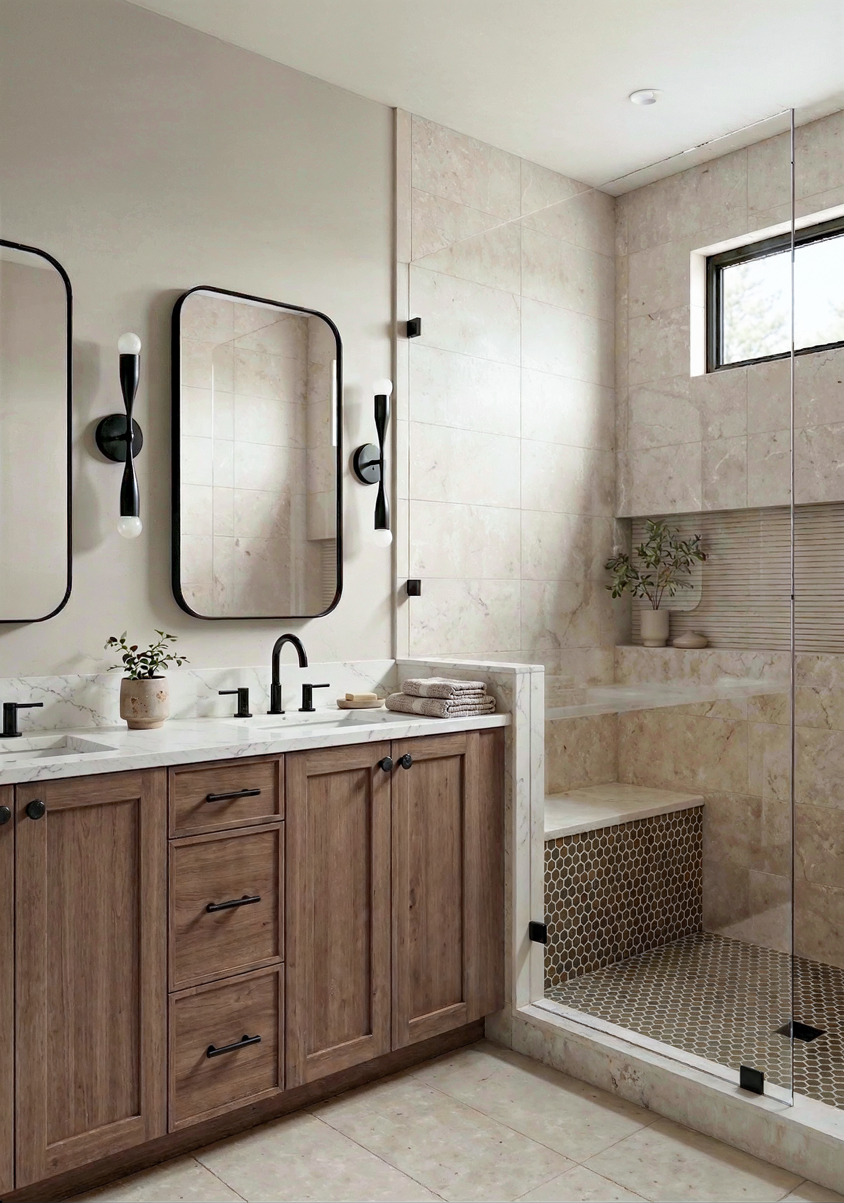 The primary bathroom of the Wyandot duplex, with a double walnut vanity, marble counter, black mirrors and sconces, and a walk-in shower with a built-in bench.