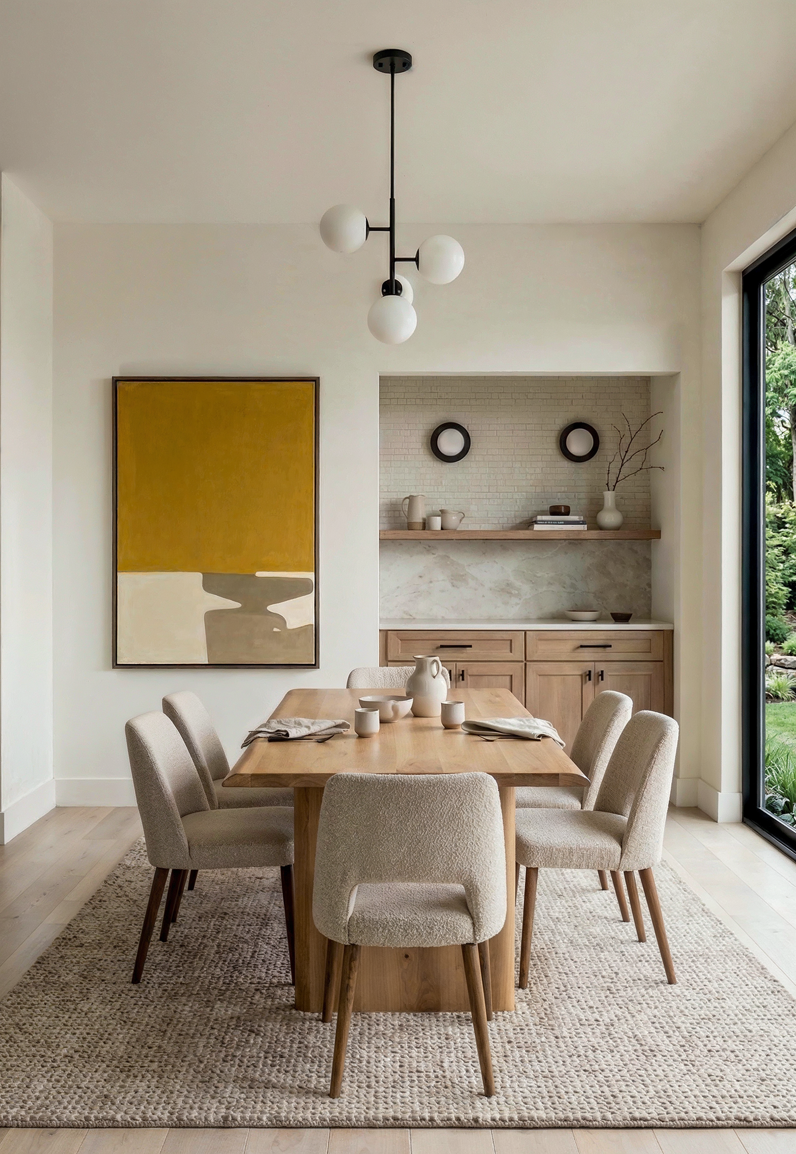 The dining room of Unit B in the Wyandot duplex, with a light oak table, beige boucle chairs, a yellow modernist painting, and a marble-lined built-in niche.