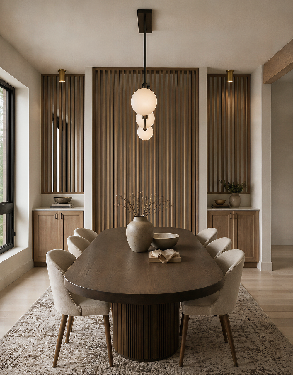 Dining room in Unit A at Wren, with a vertical wood slat feature wall, lit niches over white oak cabinets, an oval walnut table, and a three-globe pendant.