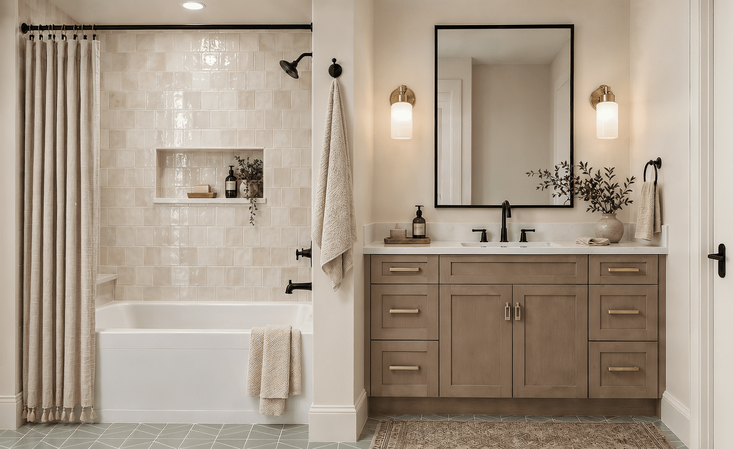 Secondary bathroom at Nora with a square zellige-style tile tub surround and niche, a wood vanity with champagne bronze pulls, matte black plumbing, brass sconces, a black-framed mirror, and a soft green geometric floor.