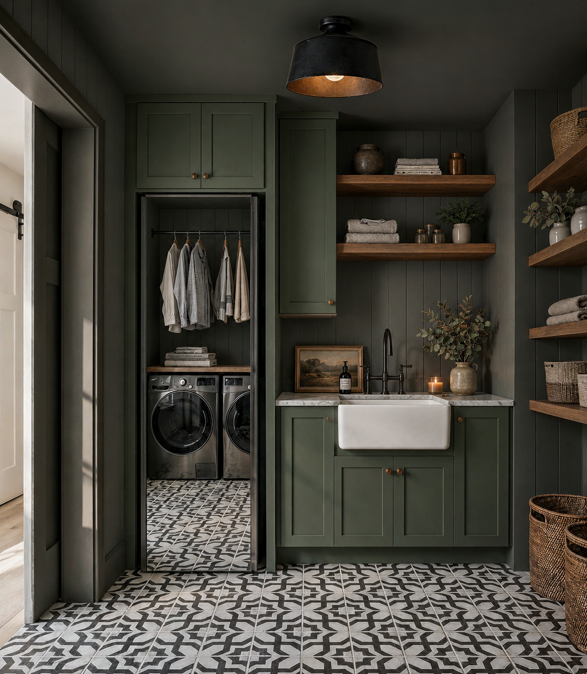 The laundry room of the Perry home, with deep green color-drenched walls and ceiling, sage cabinetry, a fireclay farmhouse sink, and patterned floor tile.