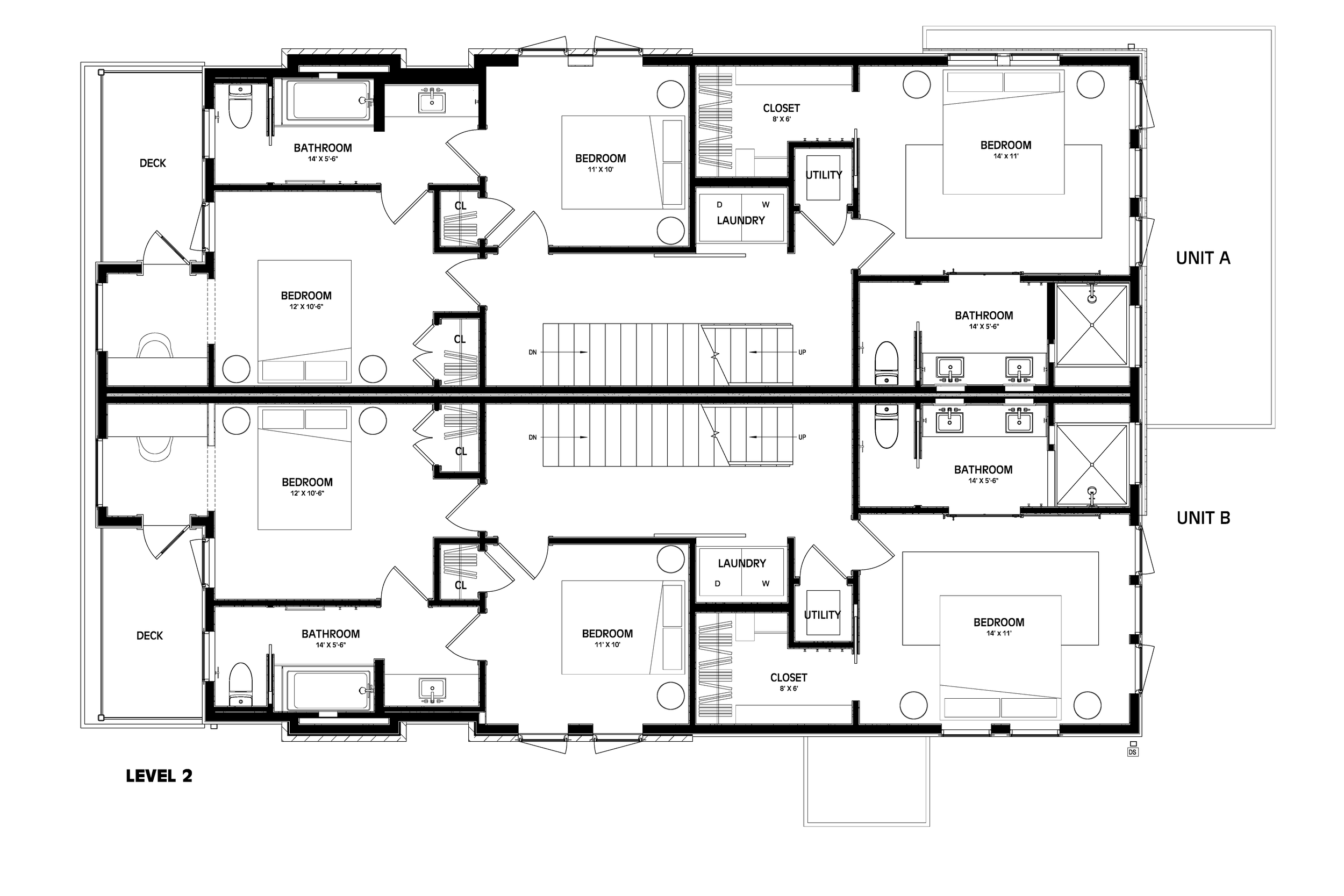 Level two floor plan of the Wren duplex, showing three bedrooms, two bathrooms, a walk-in closet, laundry, utility, and a deck in each unit.