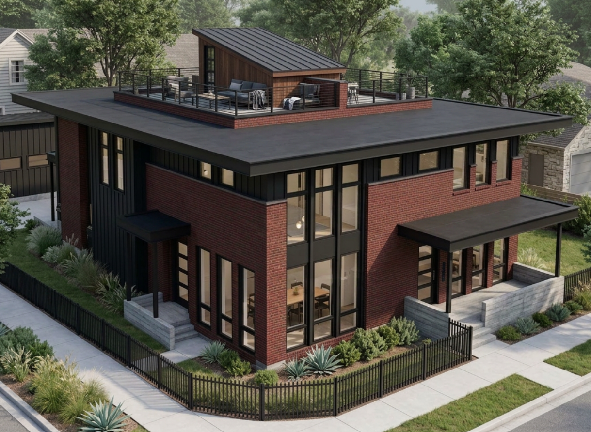 Architectural rendering of the Wyandot duplex by Sloan Building Co., front view showing the brick and metal forms.
