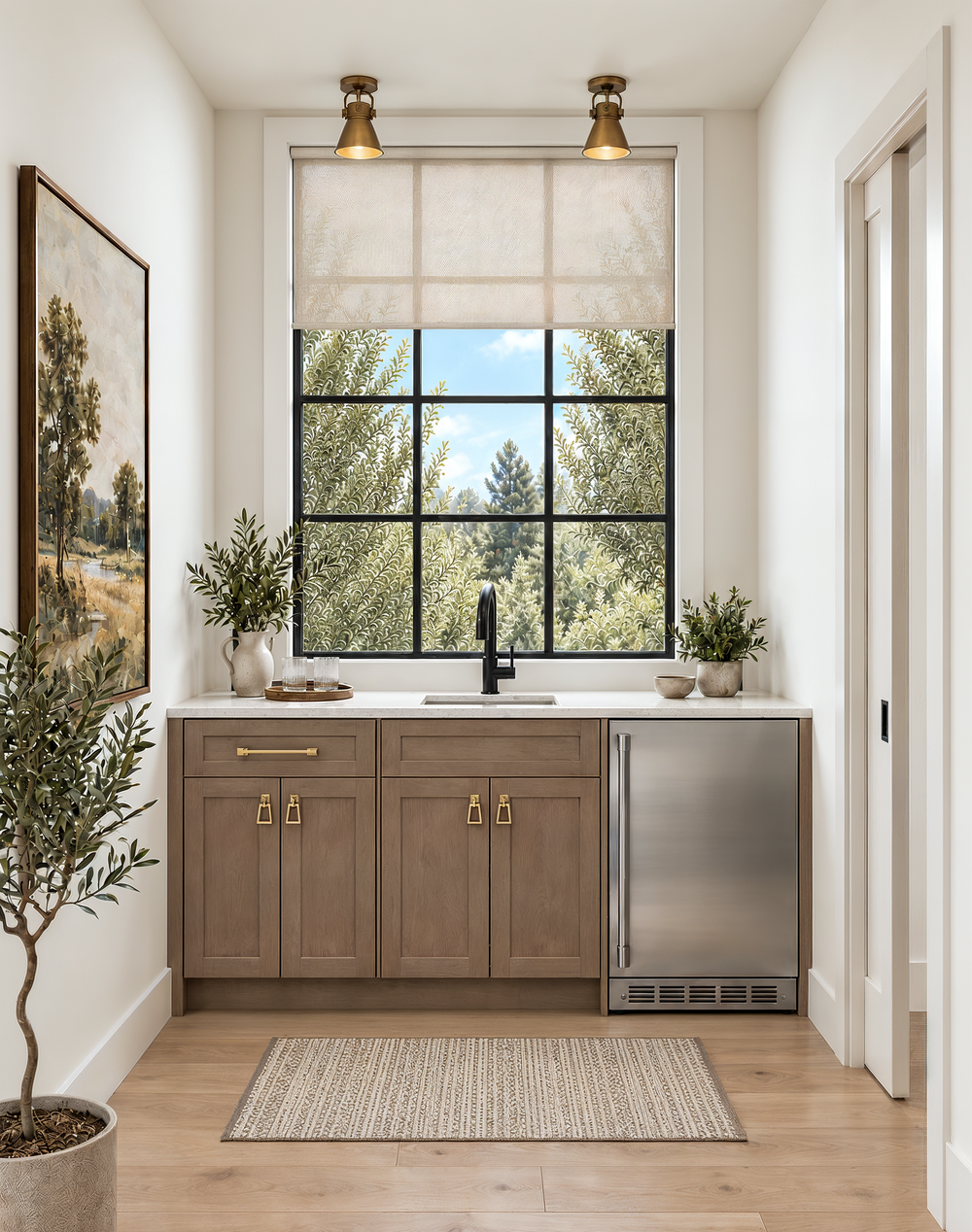 Wet bar at Nora with wood cabinetry under a quartz counter, champagne bronze pulls, a matte black faucet, a beverage refrigerator, brass ceiling lights, and a black-framed window over the sink.